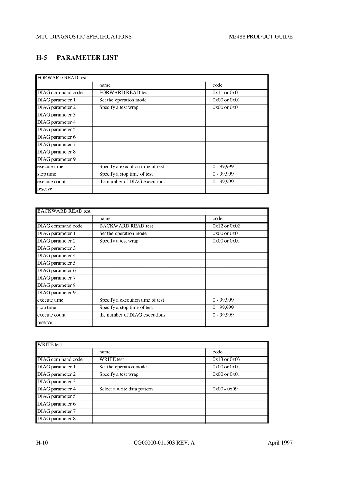 Fujitsu manual Parameter List, MTU Diagnostic SPECIFICATIONSM2488 Product Guide 