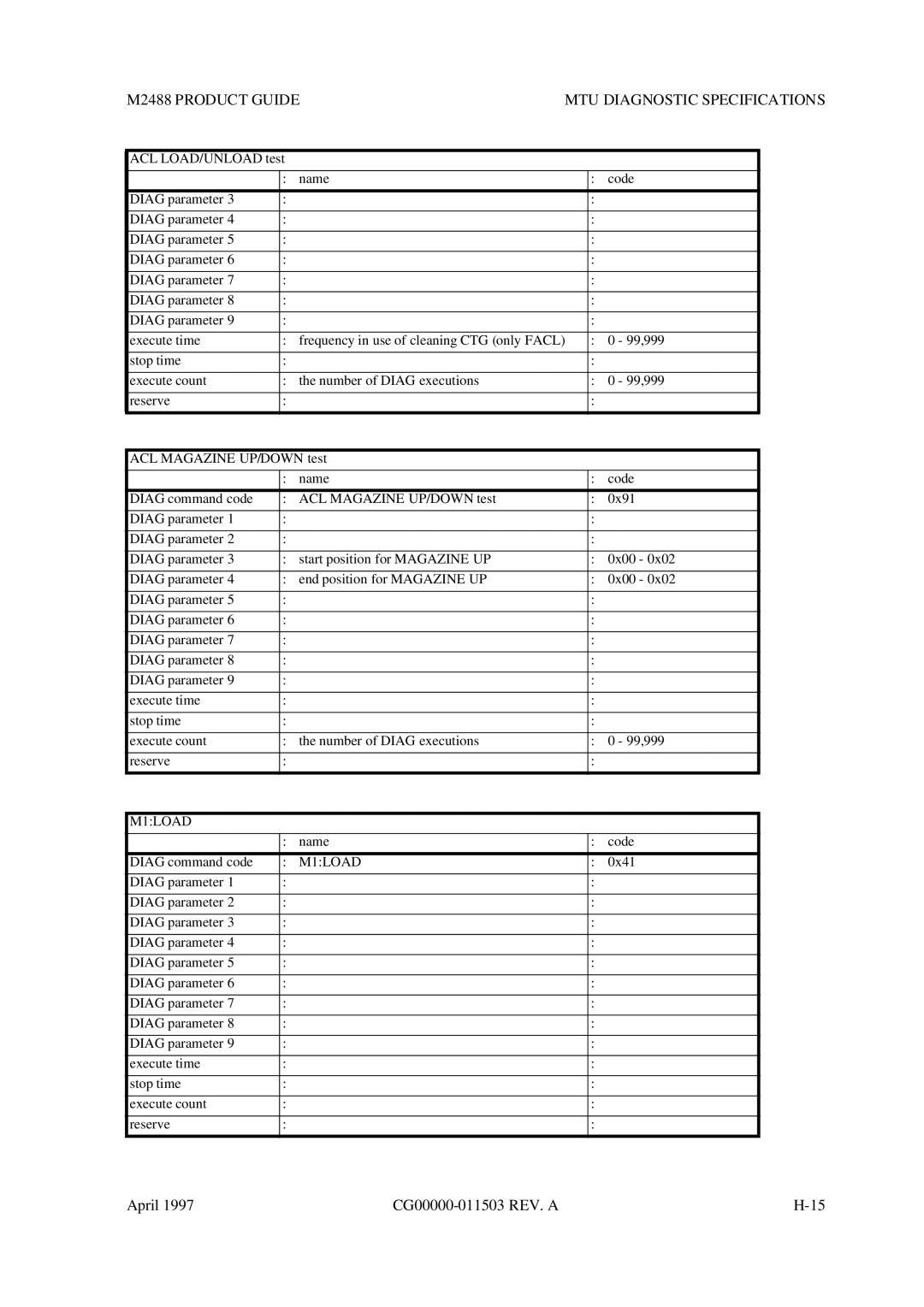 Fujitsu M2488 manual Name Code Diag command code 