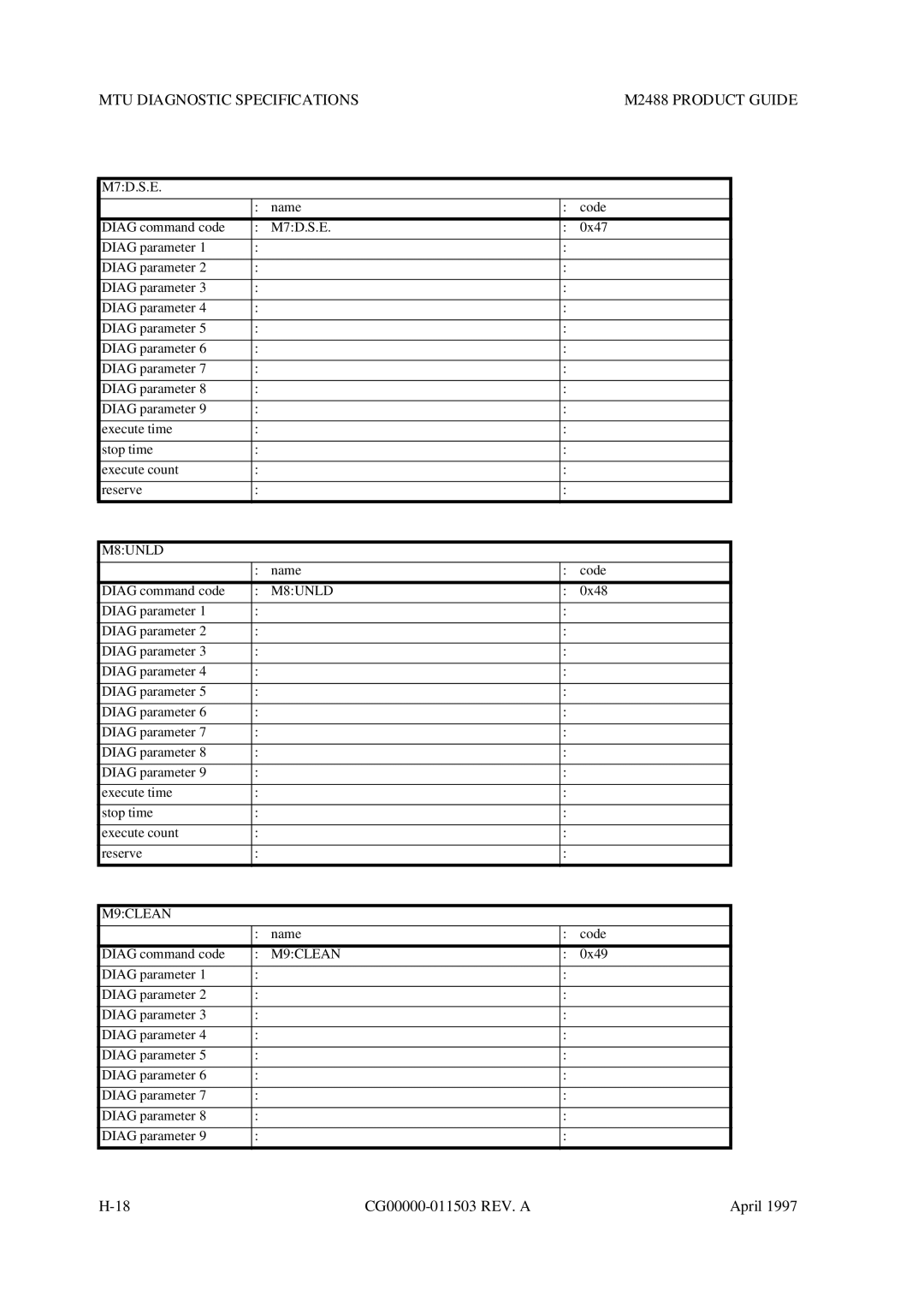 Fujitsu M2488 manual Diag parameter Execute time Stop time Execute count Reserve 