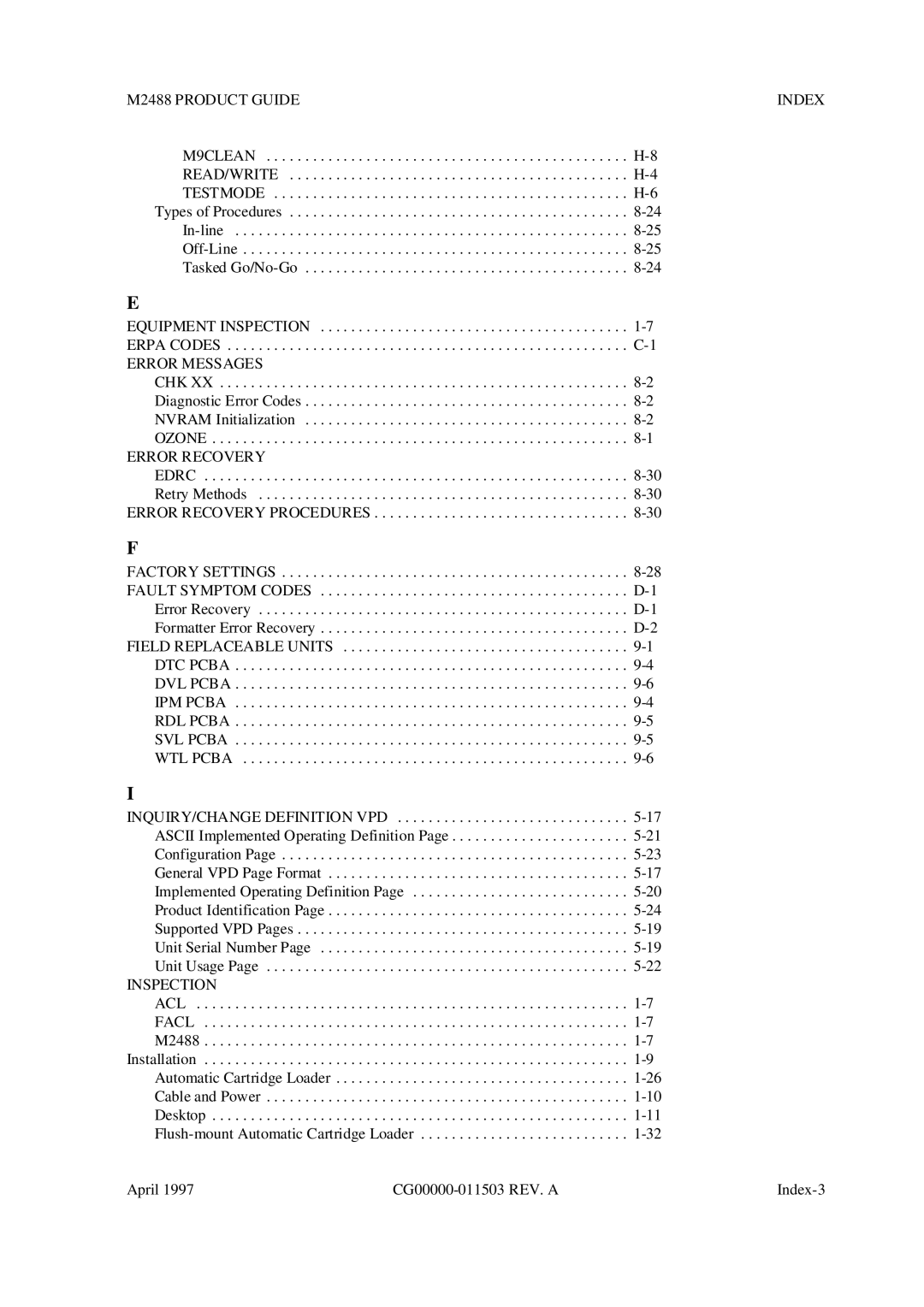 Fujitsu M2488 manual Error Messages, Error Recovery, Inspection 