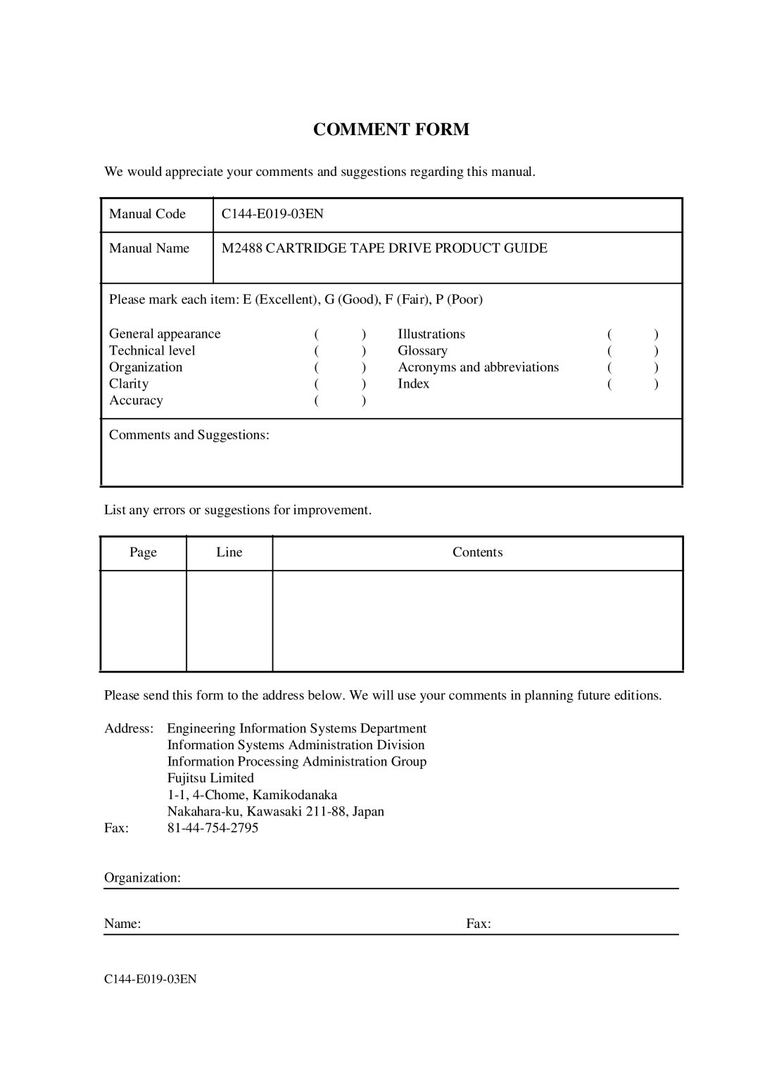 Fujitsu manual Comment Form, M2488 Cartridge Tape Drive Product Guide 