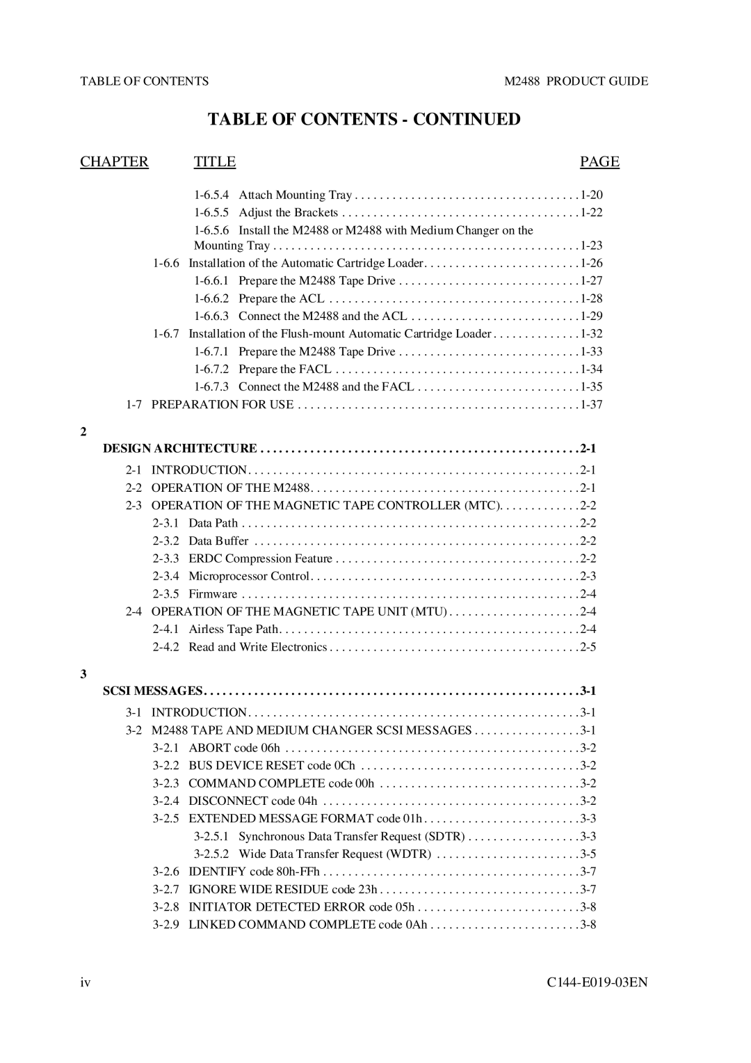 Fujitsu manual Table of Contents M2488 Product Guide, Design Architecture, Scsi Messages 