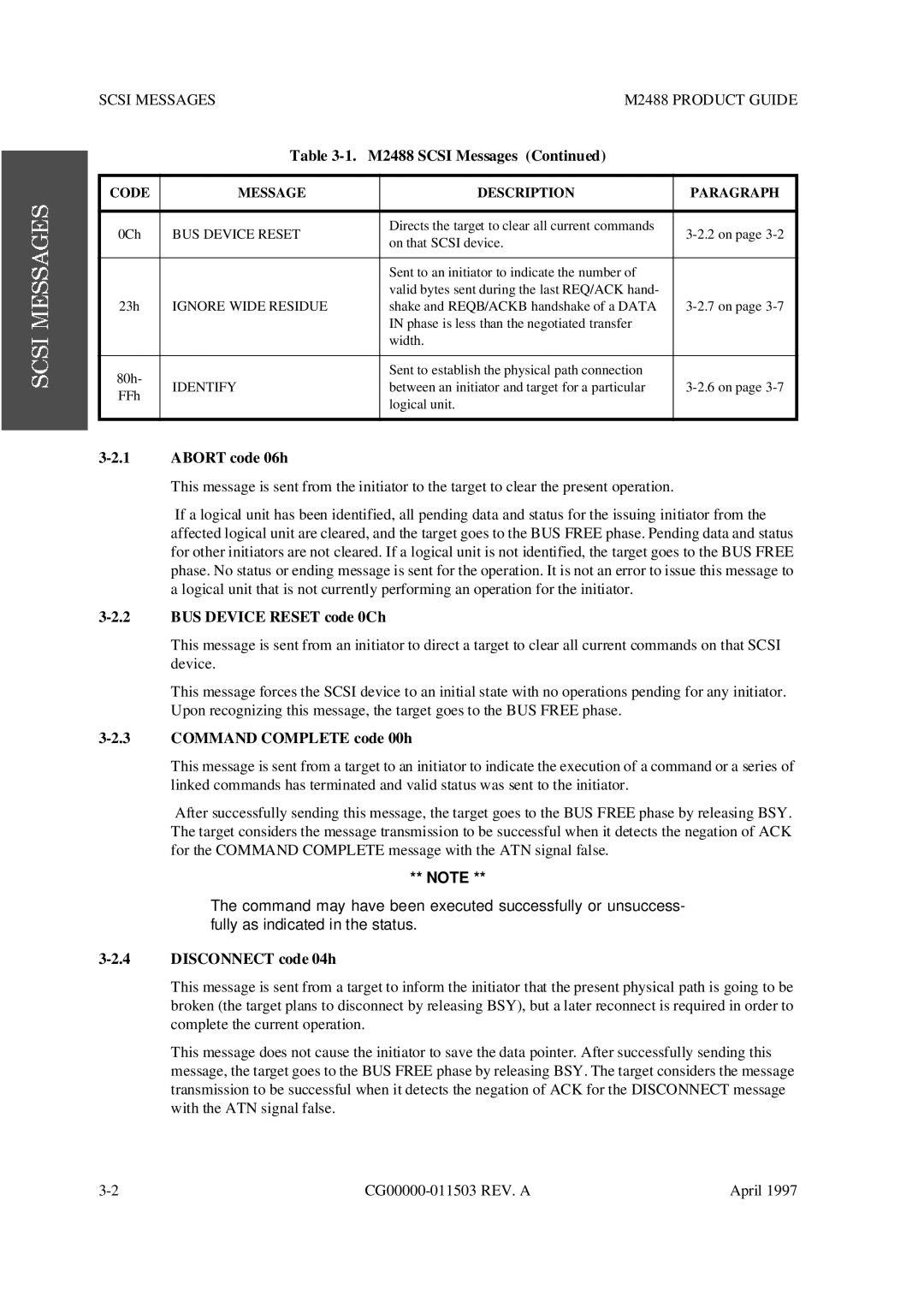 Fujitsu manual Scsi Messages M2488 Product Guide, Abort code 06h, BUS Device Reset code 0Ch, Command Complete code 00h 