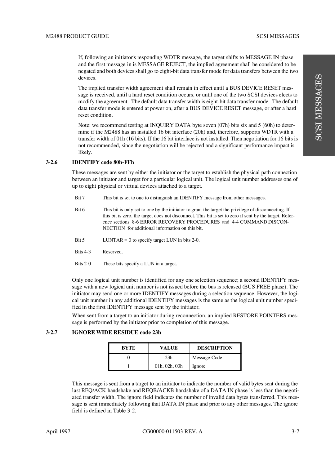 Fujitsu M2488 manual Identify code 80h-FFh, Ignore Wide Residue code 23h, Byte Value Description 