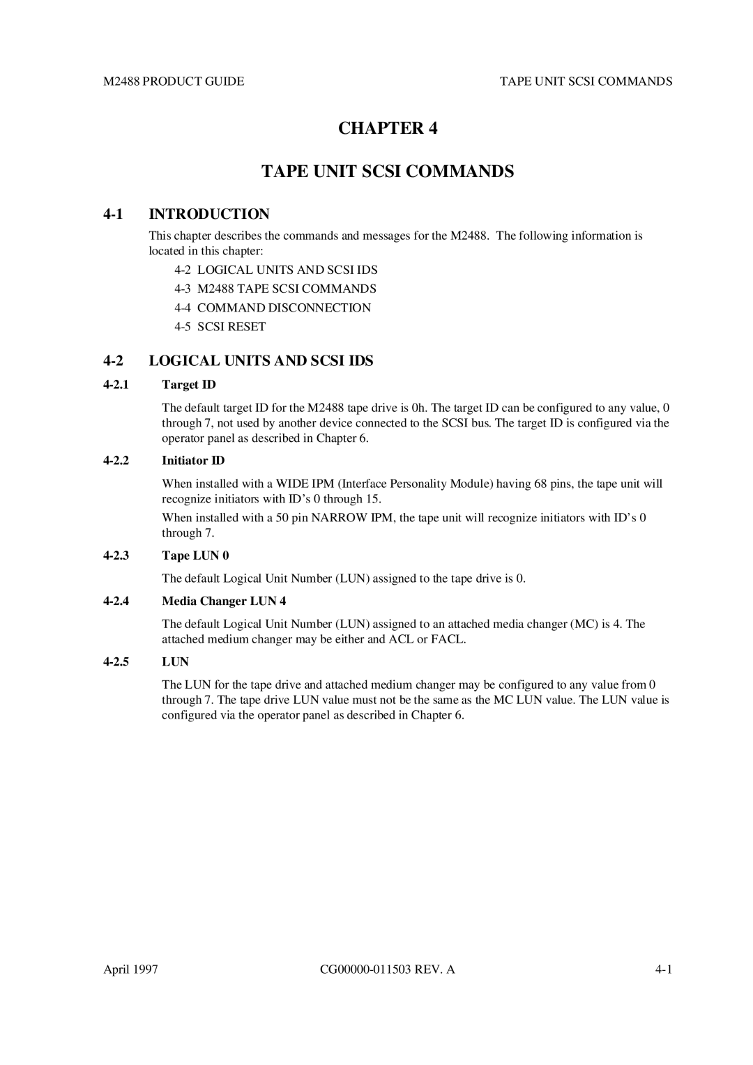 Fujitsu M2488 manual Chapter, Tape Unit Scsi Commands, Logical Units and Scsi IDS 