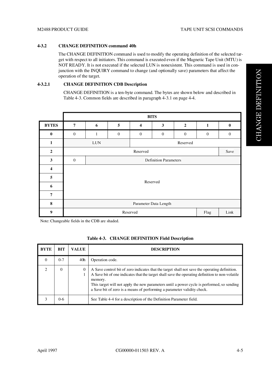 Fujitsu M2488 manual Change Definition command 40h, Change Definition CDB Description, Change Definition Field Description 