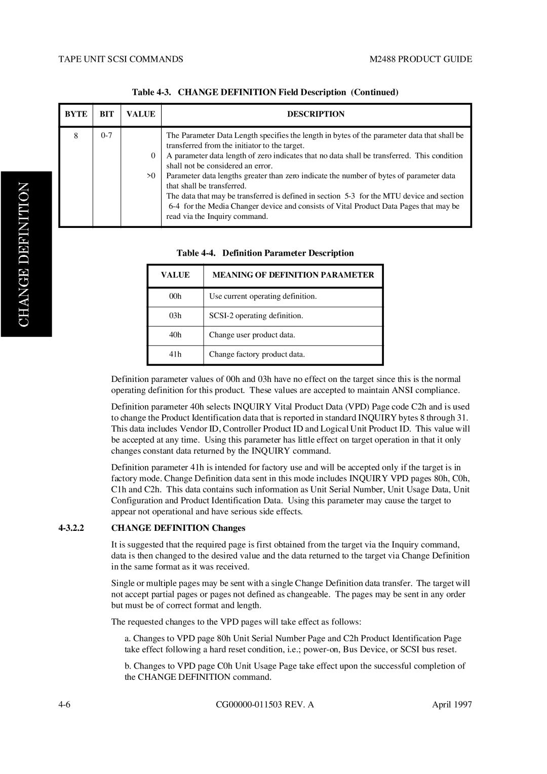 Fujitsu M2488 manual Definition Parameter Description, Change Definition Changes, Value Meaning of Definition Parameter 