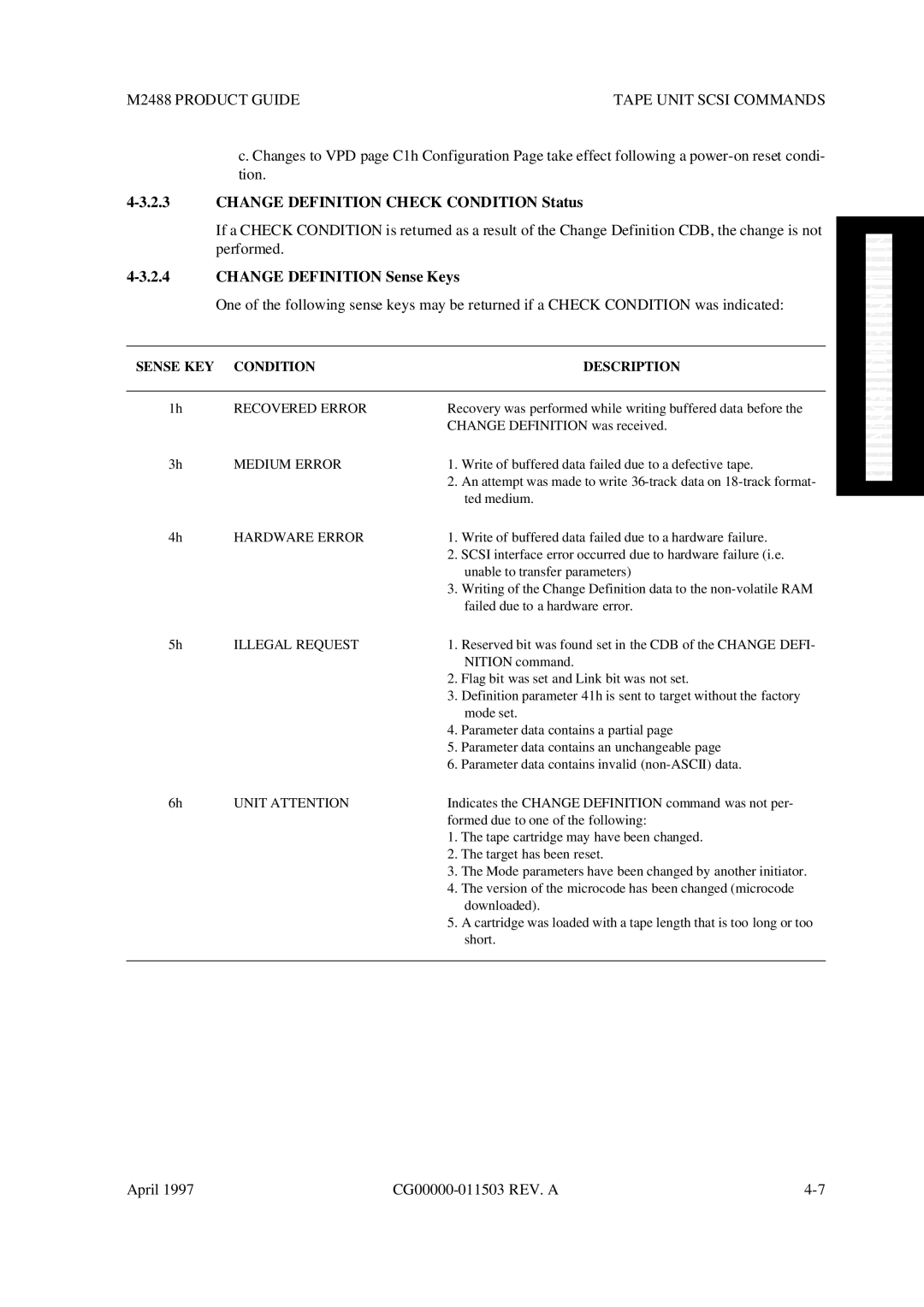 Fujitsu M2488 Change Definition Check Condition Status, Change Definition Sense Keys, Sense KEY Condition Description 