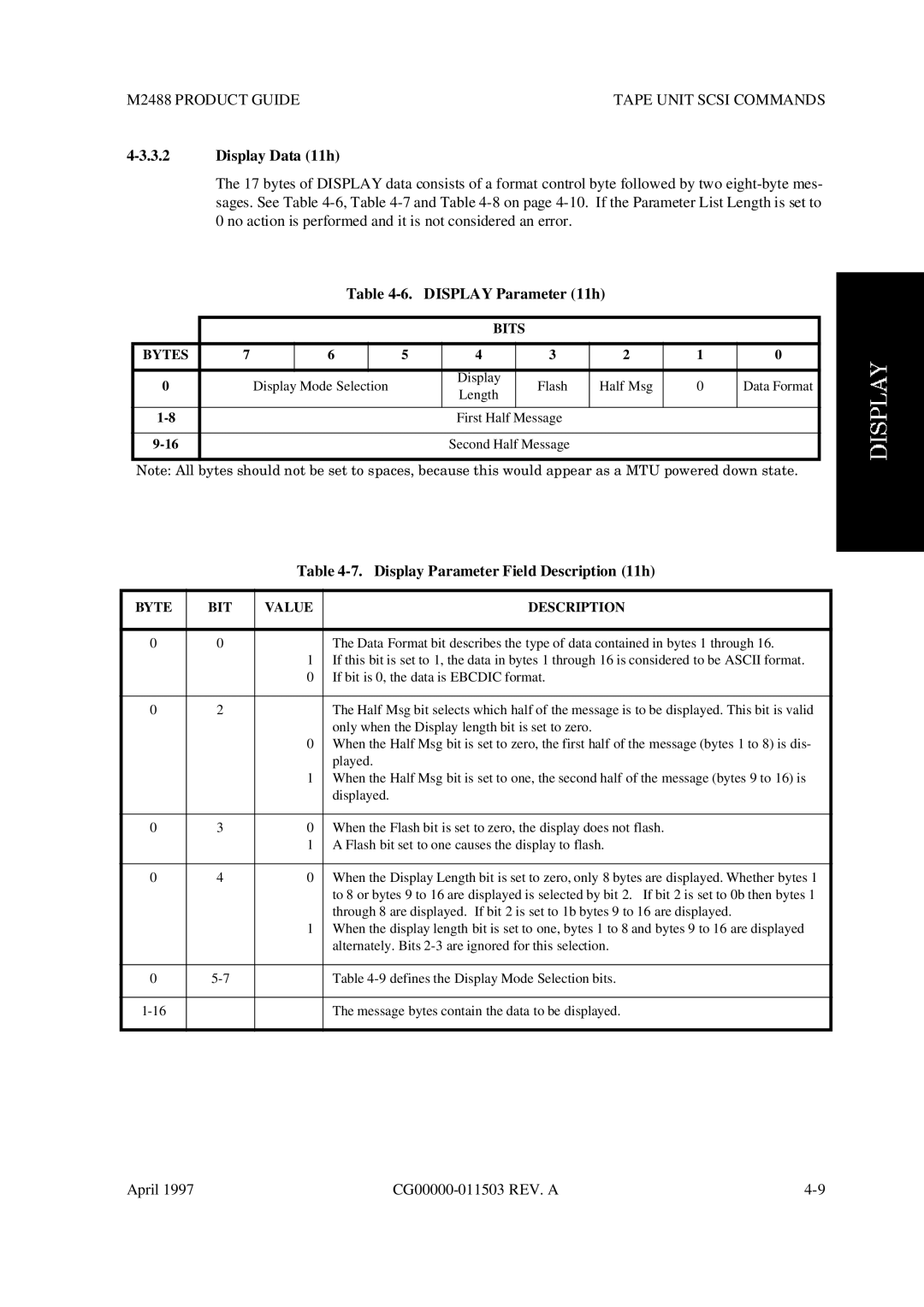 Fujitsu M2488 manual Display Data 11h, Display Parameter 11h, Display Parameter Field Description 11h 