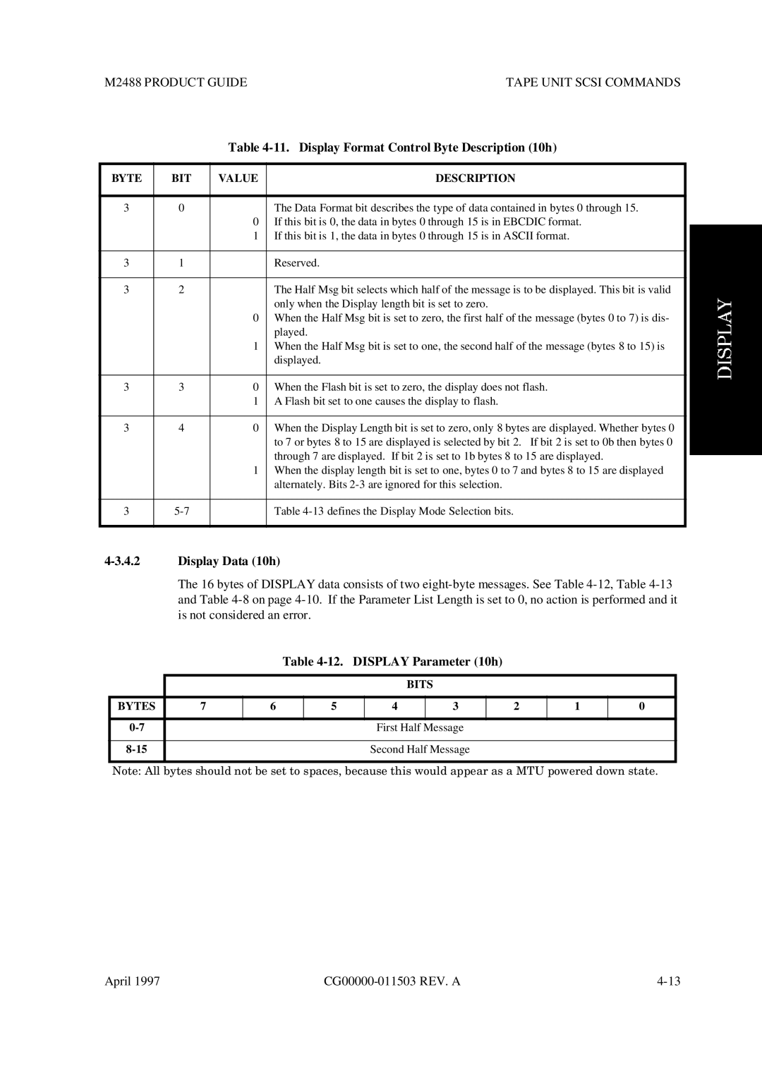 Fujitsu M2488 manual Display Format Control Byte Description 10h, Display Data 10h, Display Parameter 10h 