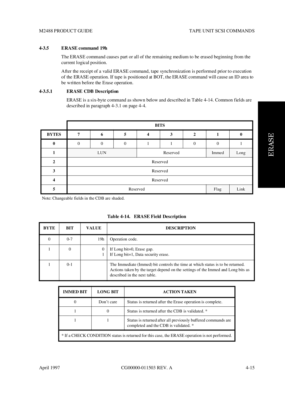 Fujitsu M2488 manual Erase command 19h, Erase CDB Description, Erase Field Description, Immed BIT Long BIT Action Taken 