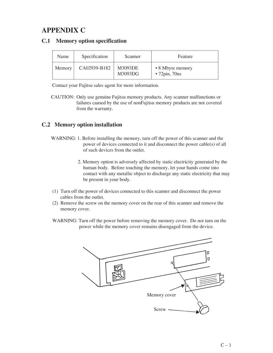 Fujitsu M3093DG, M3093DE manual Appendix C, Memory option specification, Memory option installation 