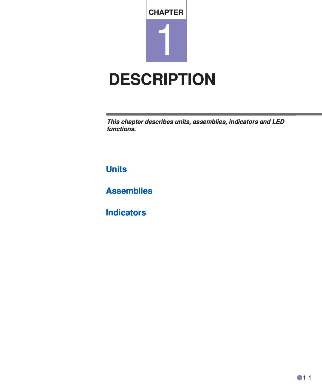 Fujitsu M3093DE/DG manual Description, Units Assemblies Indicators, Chapter 