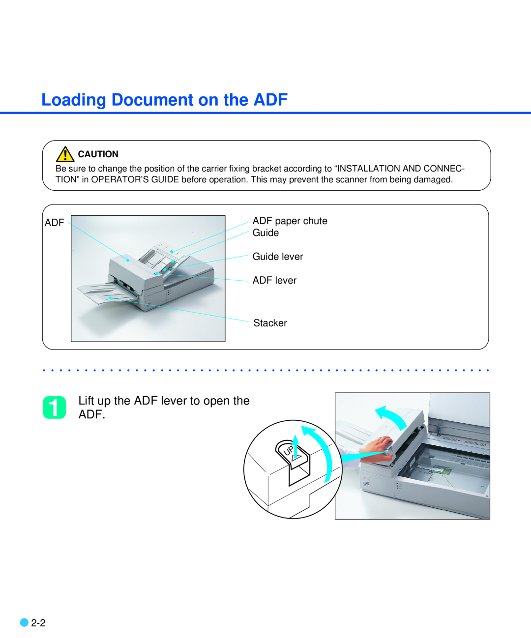 Fujitsu M3093DE/DG manual Loading Document on the ADF, Lift up the ADF lever to open the 1 ADF 