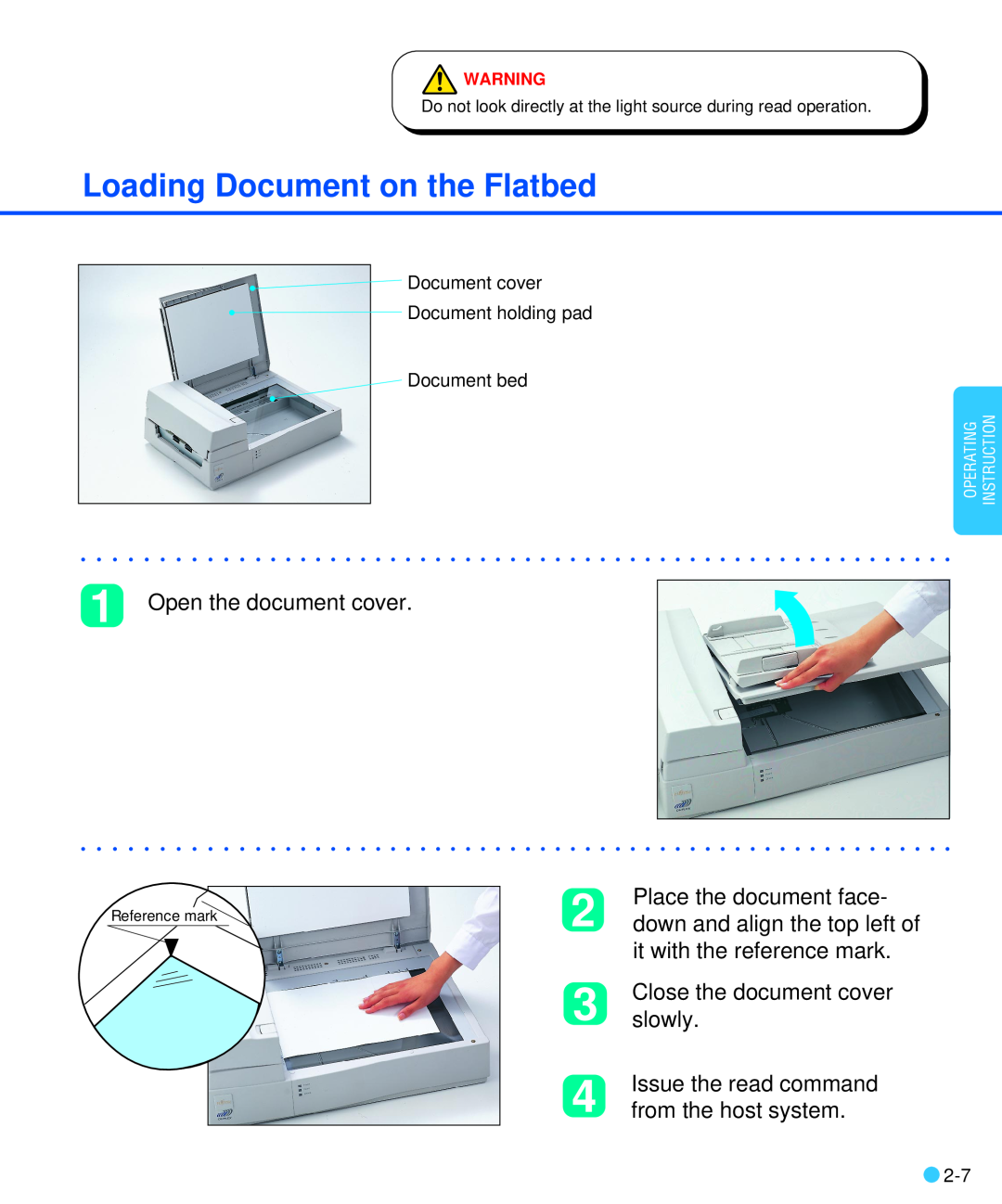 Fujitsu M3093DE/DG Loading Document on the Flatbed, Open the document cover, Place the document face, slowly, Operating 
