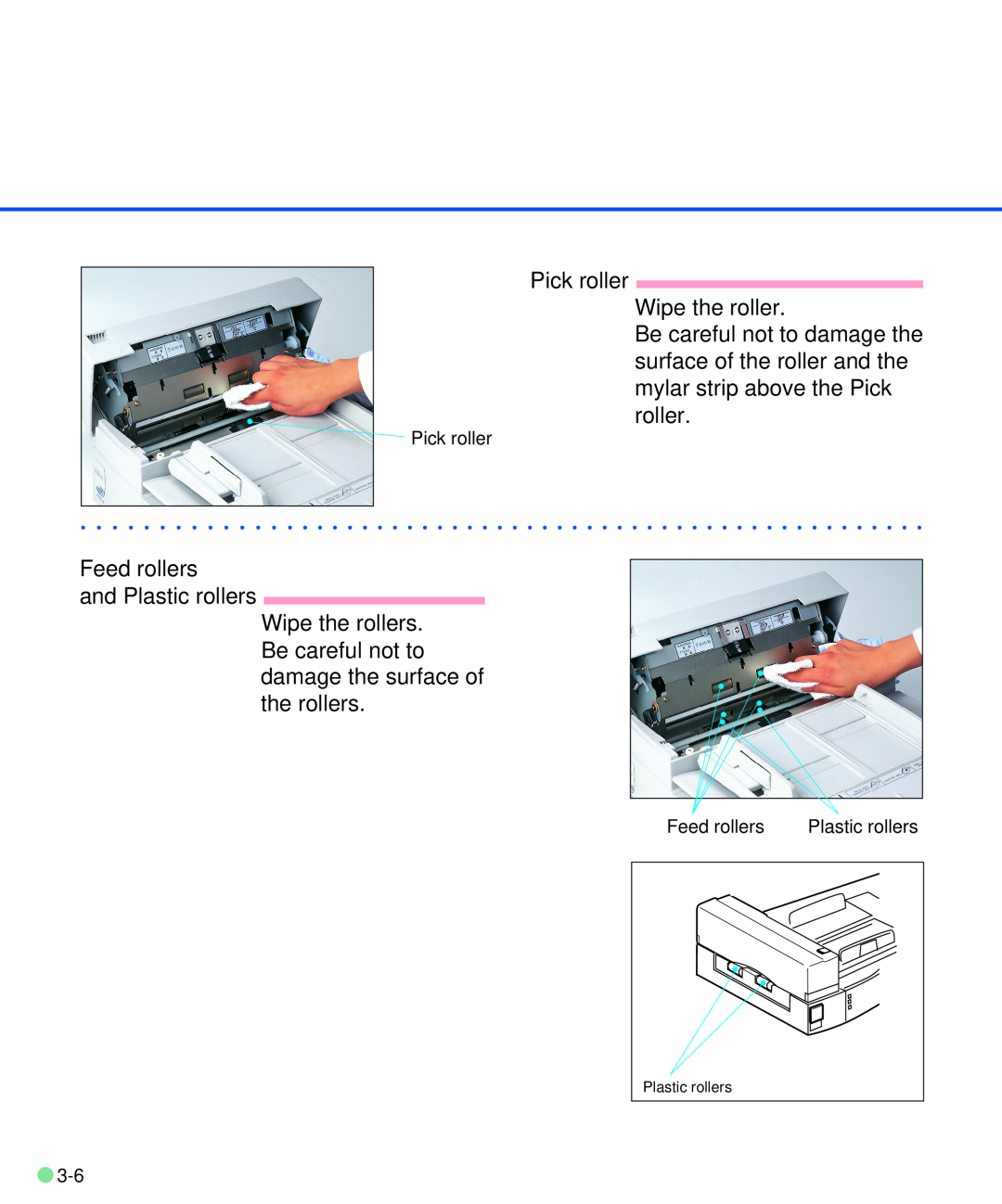 Fujitsu M3093DE/DG manual Pick roller Wipe the roller, Feed rollers and Plastic rollers 