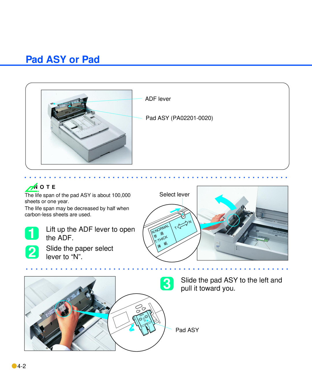 Fujitsu M3093DE/DG Pad ASY or Pad, Lift up the ADF lever to open, Slide the paper select, lever to “N”, pull it toward you 