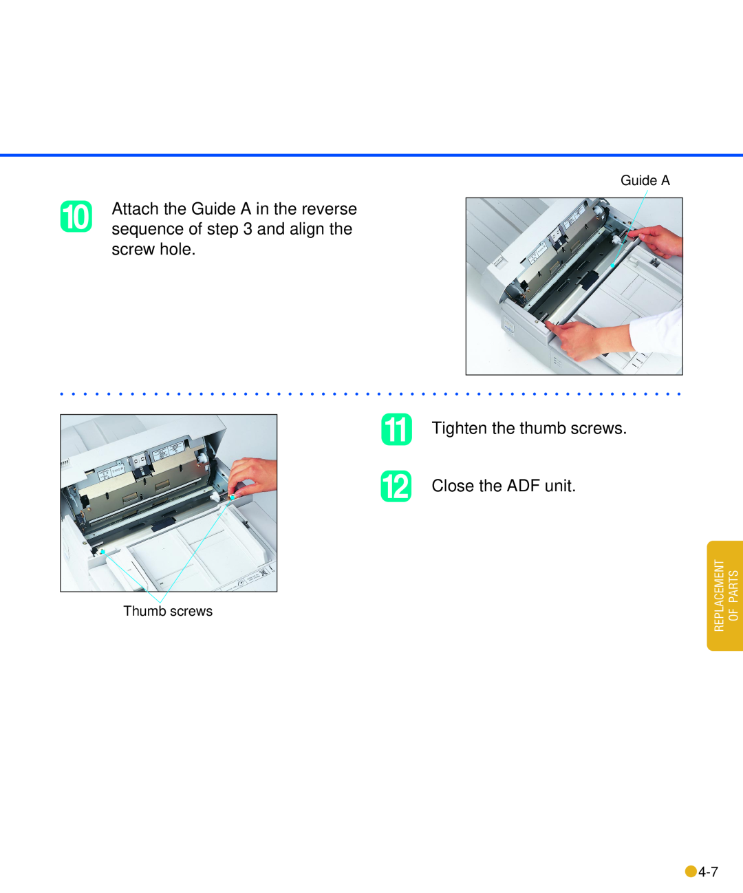 Fujitsu M3093DE/DG Attach the Guide A in the reverse, sequence of and align the, screw hole, Tighten the thumb screws 