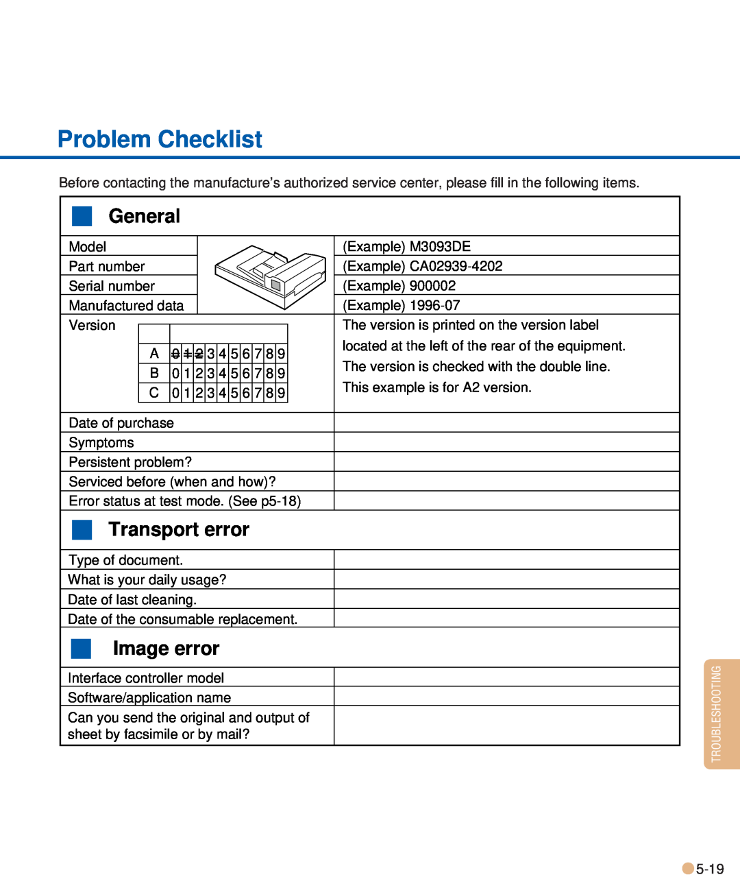 Fujitsu M3093DE/DG manual Problem Checklist, General, Transport error, Image error 