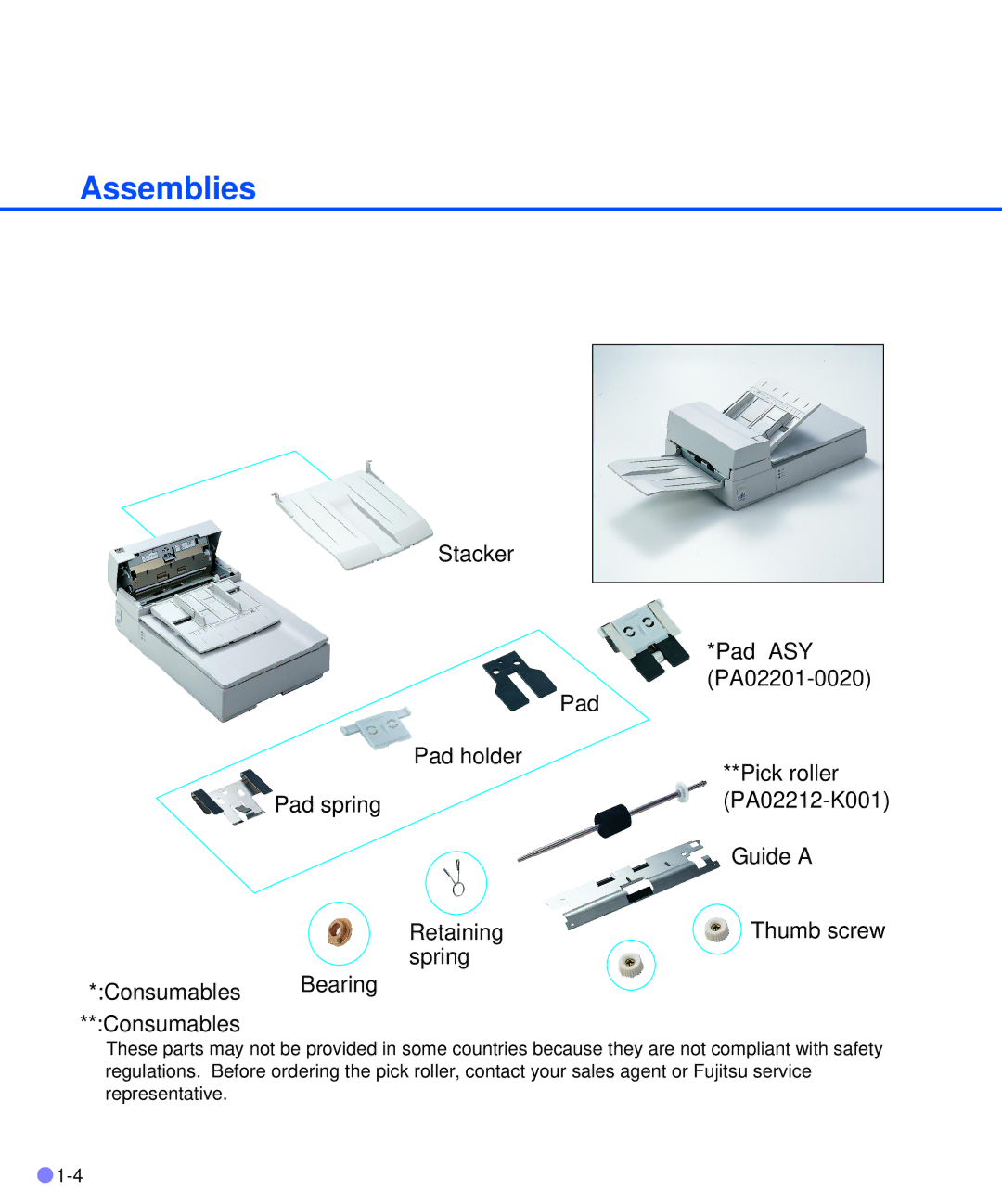 Fujitsu M3093DE/DG manual Assemblies, Guide a, Retaining Thumb screw Spring Consumables Bearing 