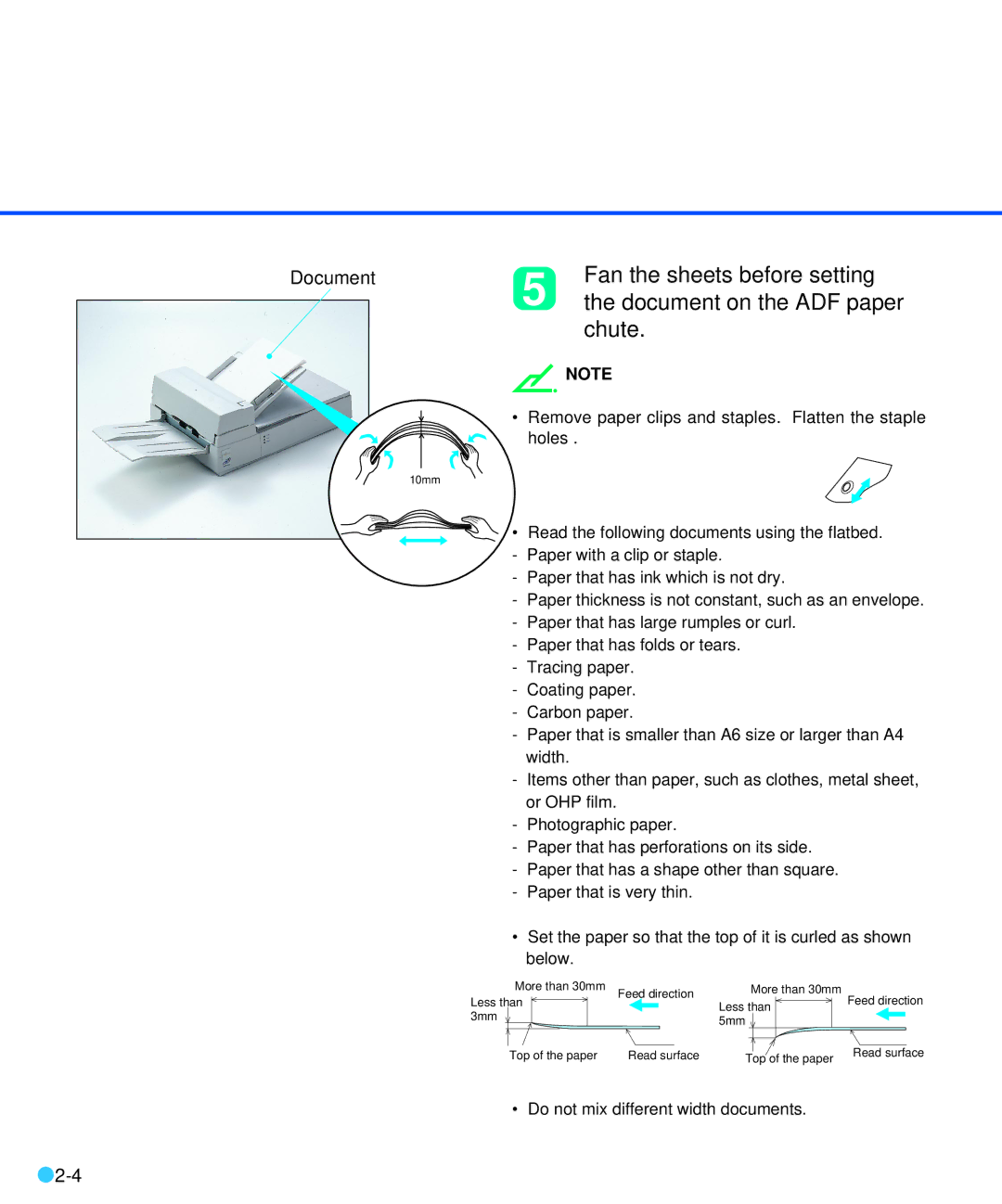 Fujitsu M3093DE/DG manual Fan the sheets before setting, Document on the ADF paper, Chute 