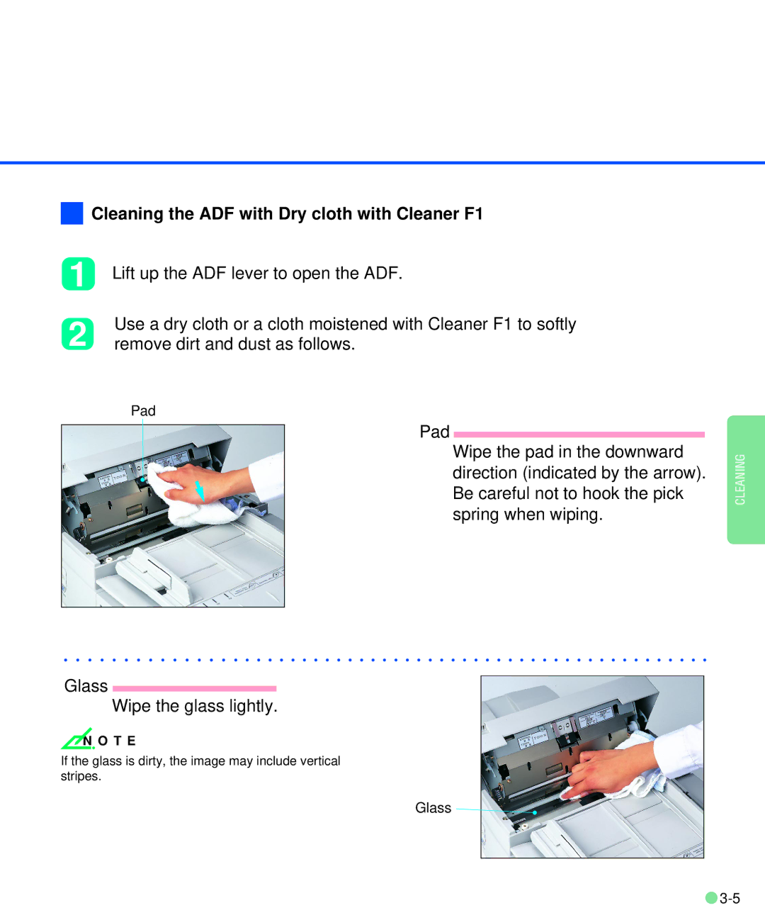 Fujitsu M3093DE/DG manual Lift up the ADF lever to open the ADF, Remove dirt and dust as follows 