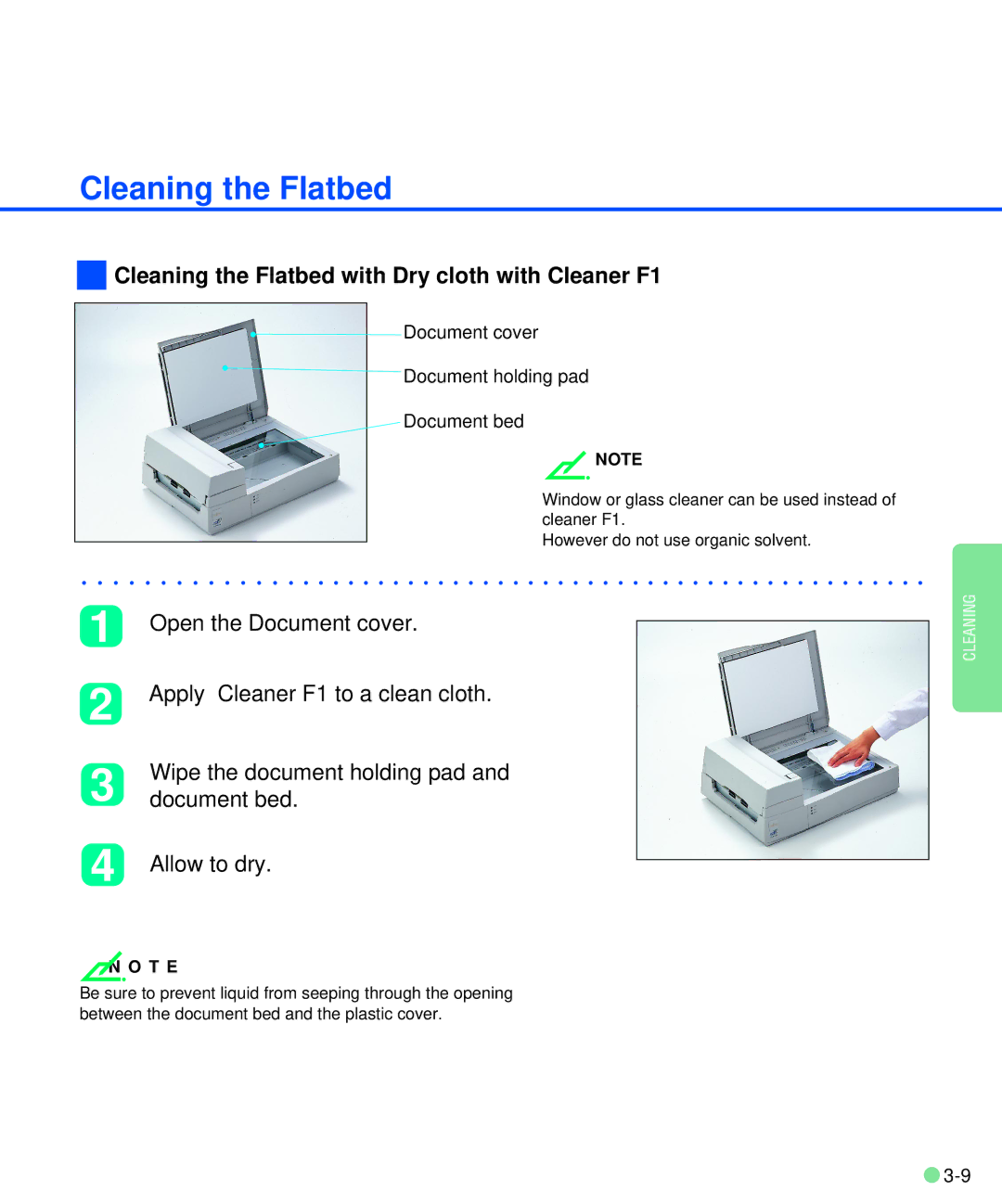 Fujitsu M3093DE/DG Cleaning the Flatbed, Apply Cleaner F1 to a clean cloth, Wipe the document holding pad, Allow to dry 