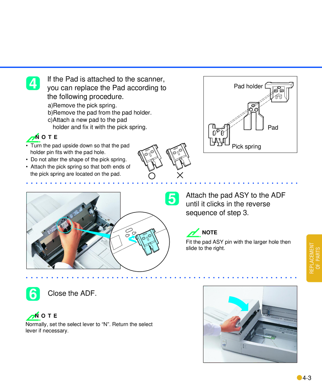 Fujitsu M3093DE/DG manual Attach the pad ASY to the ADF, Until it clicks in the reverse, Sequence of step 