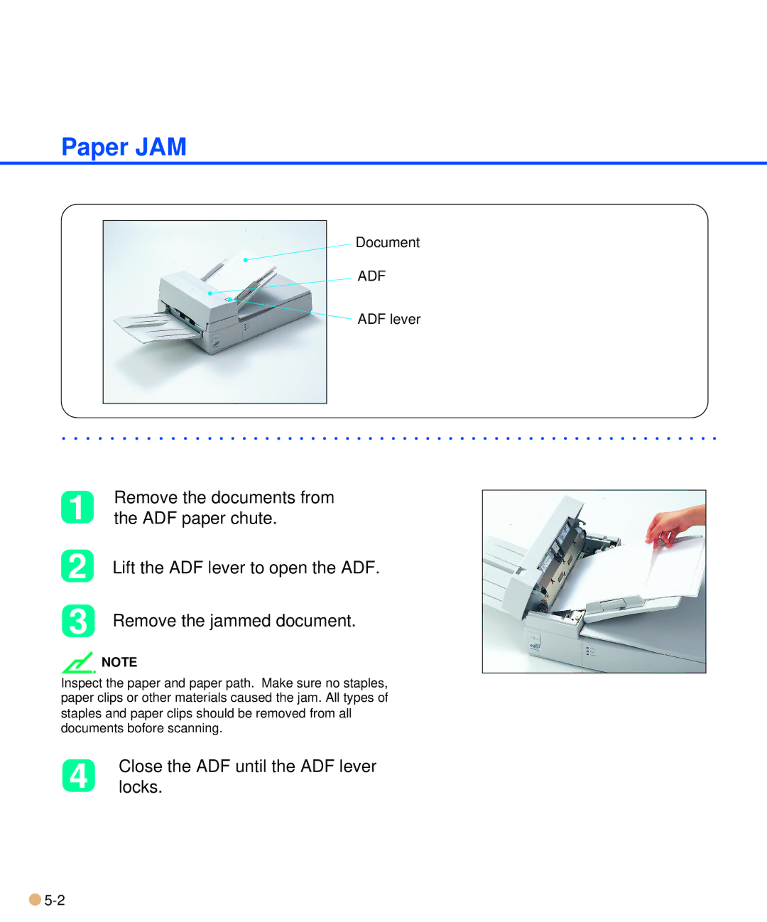 Fujitsu M3093DE/DG manual Paper JAM, Remove the documents from, ADF paper chute, Close the ADF until the ADF lever, Locks 