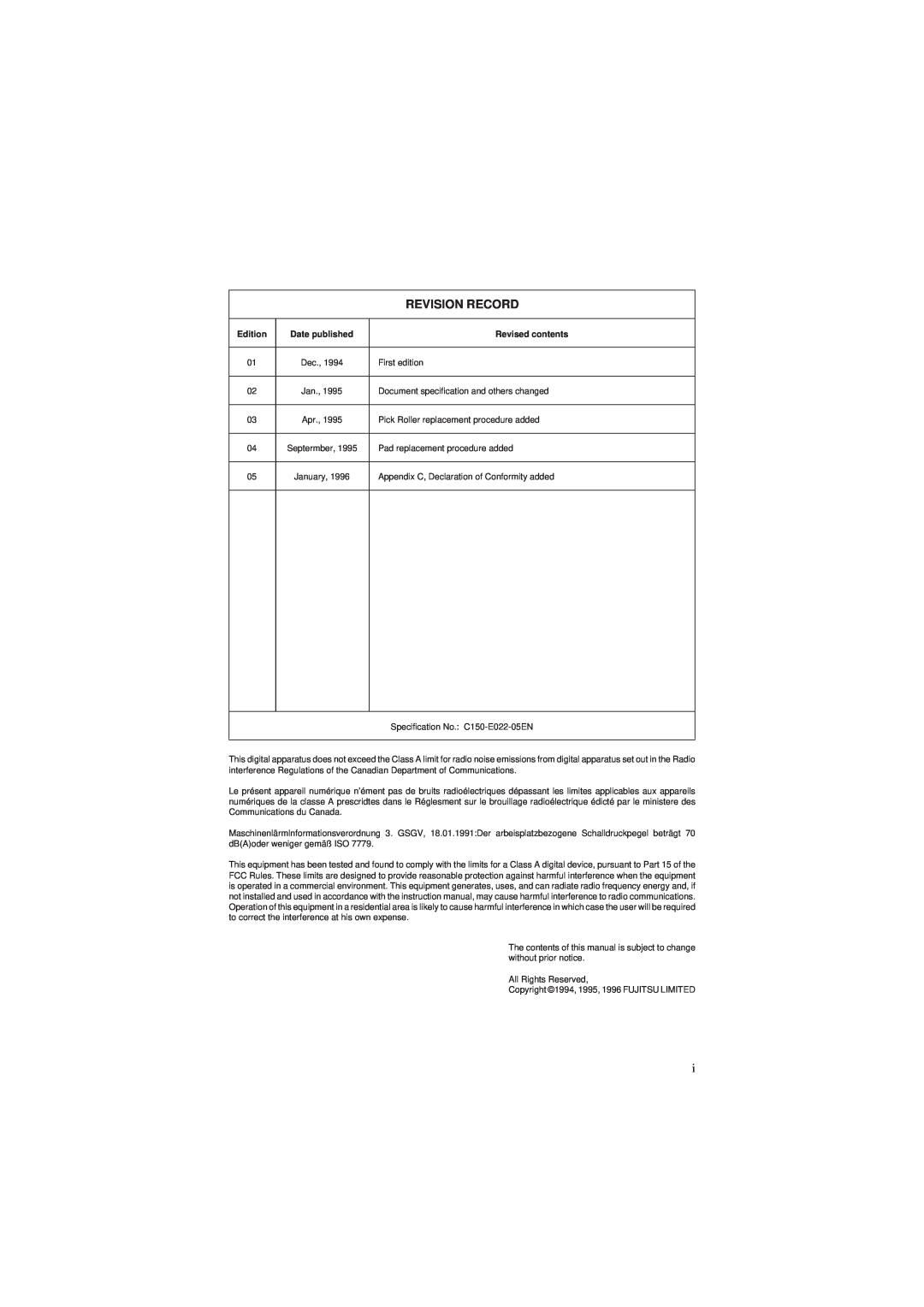 Fujitsu M3093EX, M3093GX manual Revision Record, Edition, Date published, Revised contents 