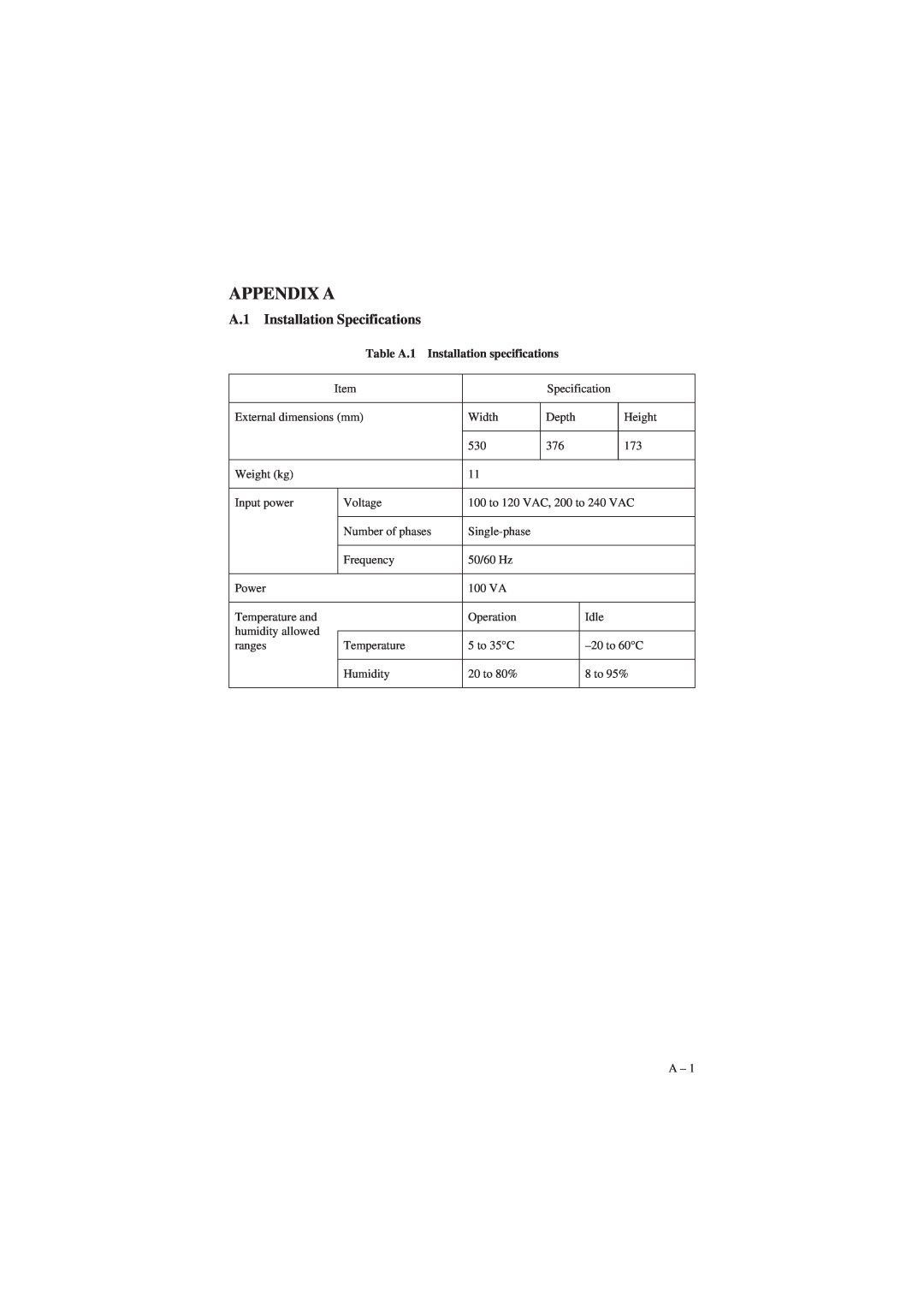 Fujitsu M3093EX, M3093GX manual Appendix A, A.1 Installation Specifications 
