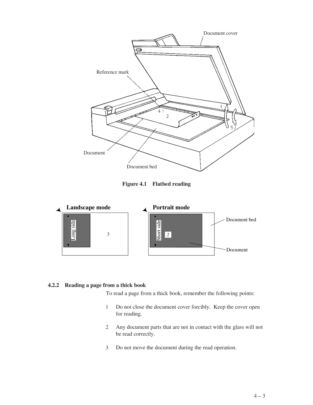 Fujitsu M3093EX, M3093GX manual Flatbed reading Reading a page from a thick book 