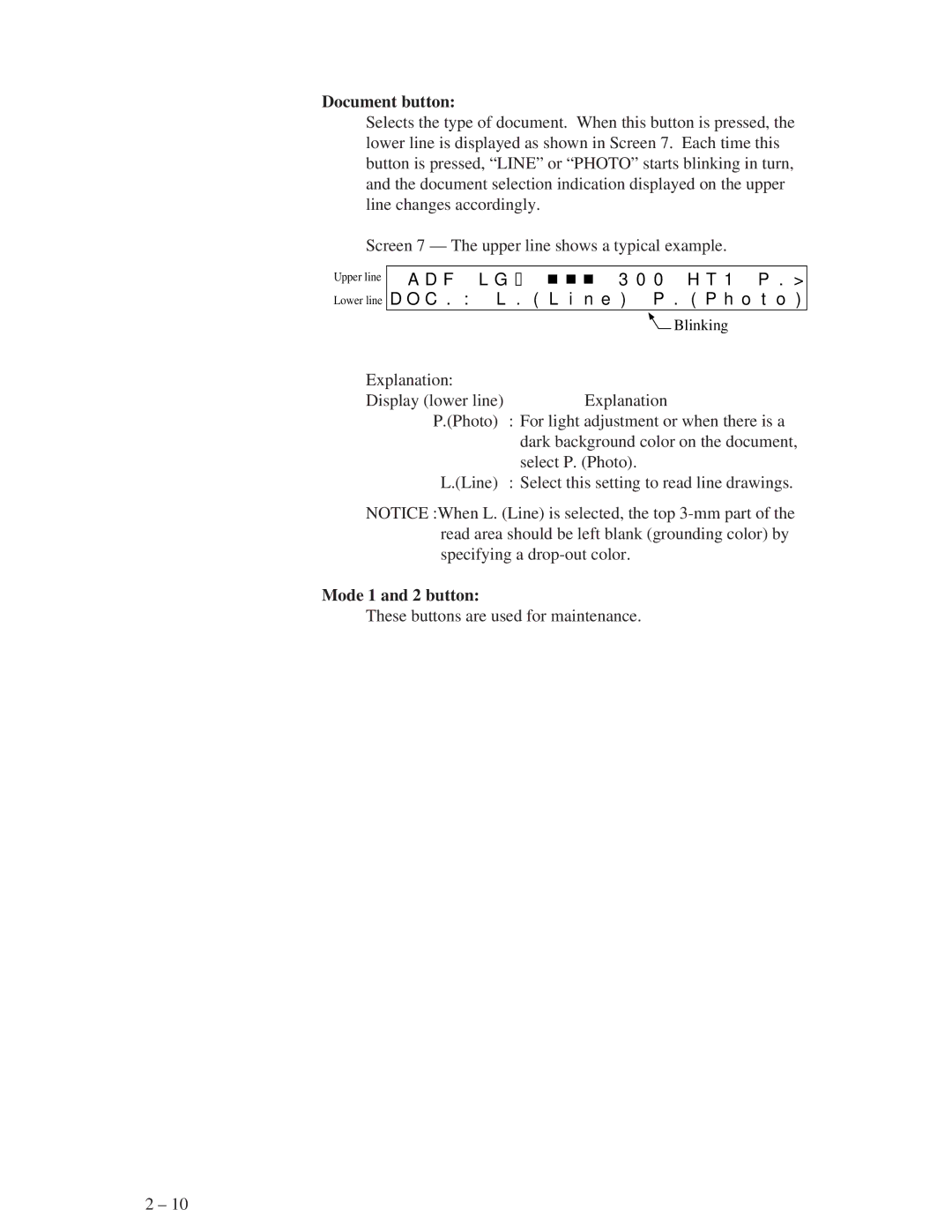 Fujitsu M3096GX, M3096EX manual Document button, Mode 1 and 2 button 