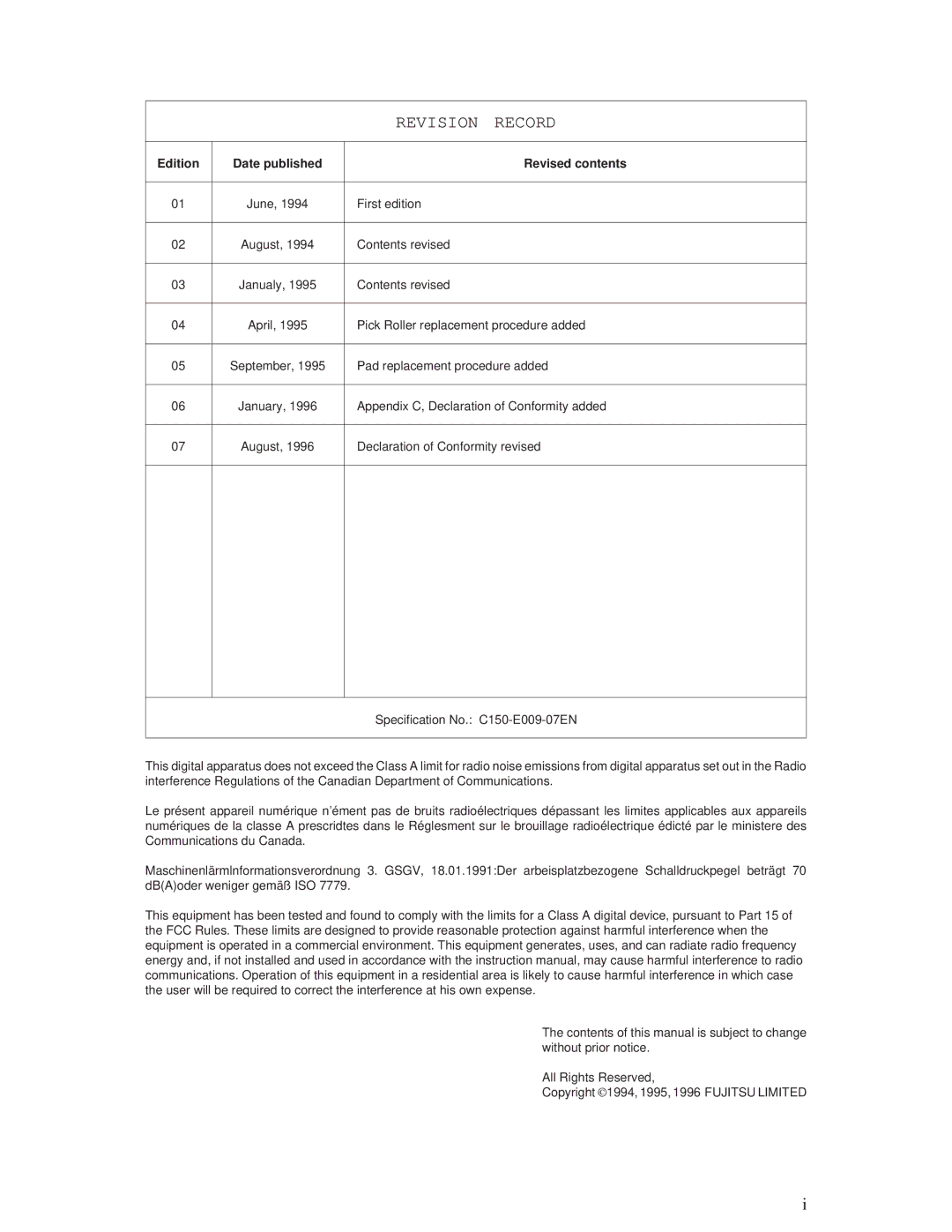 Fujitsu M3096EX, M3096GX manual Revision Record 