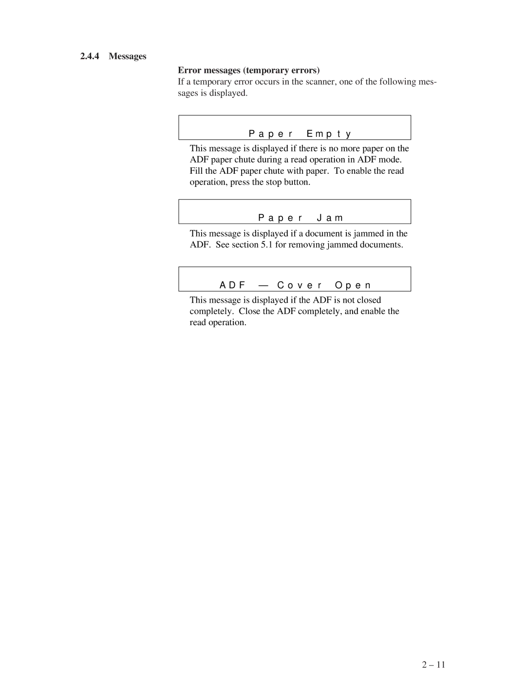 Fujitsu M3096EX, M3096GX manual Messages Error messages temporary errors, P e r E m p t y 