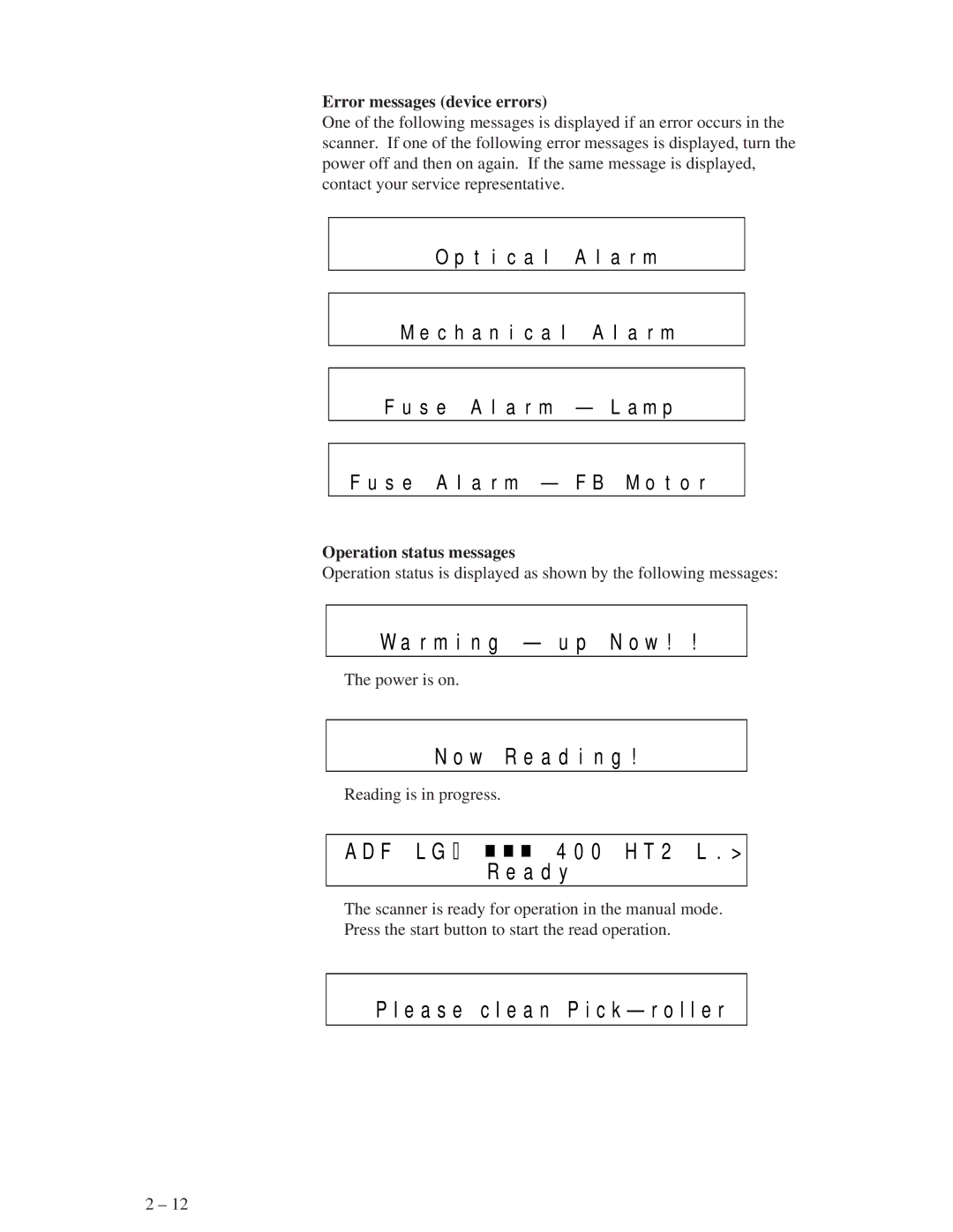 Fujitsu M3096GX, M3096EX manual Error messages device errors, Operation status messages 