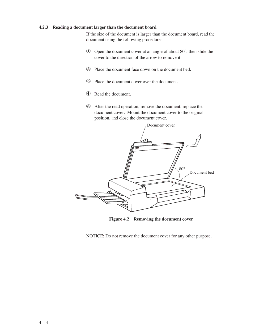 Fujitsu M3096GX, M3096EX manual Reading a document larger than the document board, Removing the document cover 