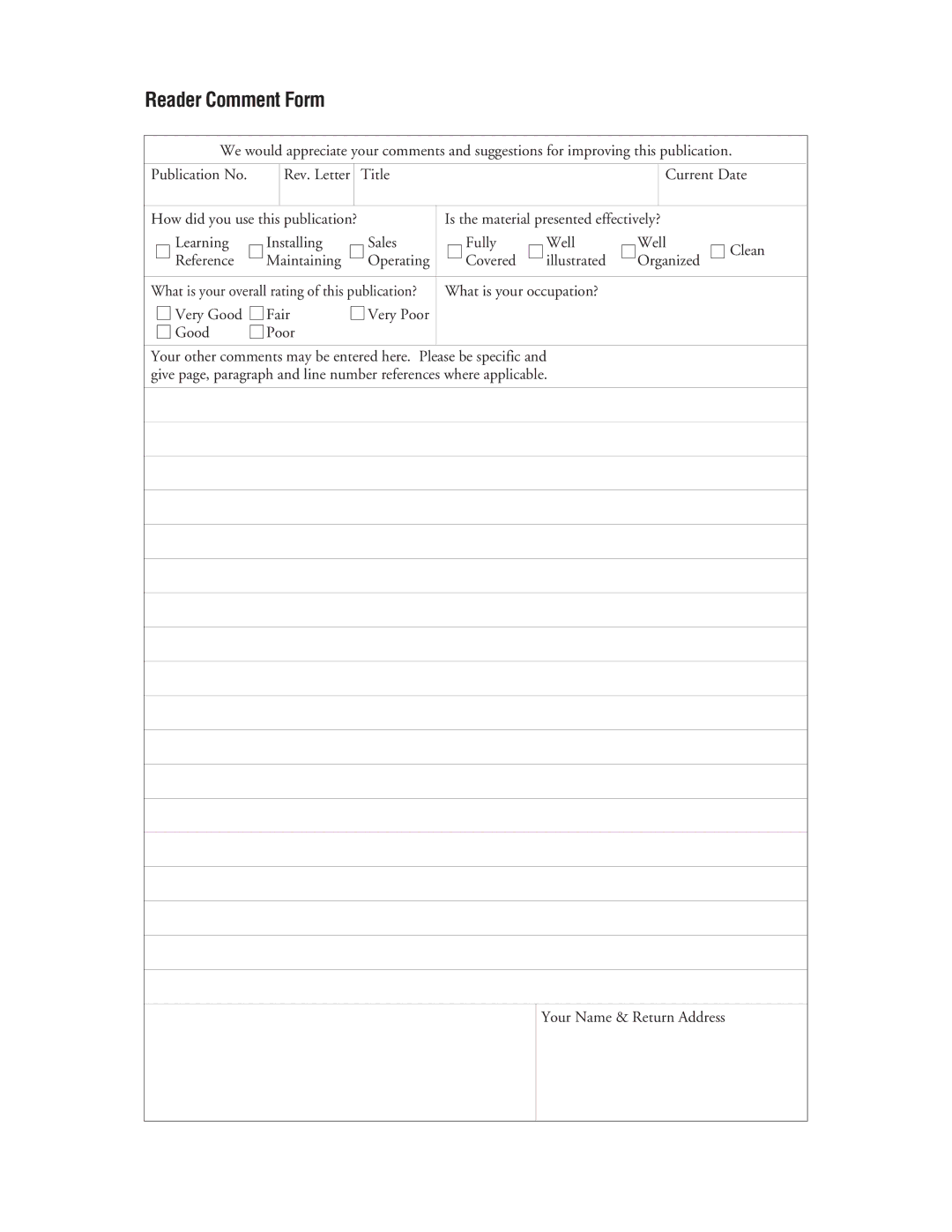 Fujitsu M3096GX, M3096EX manual Reader Comment Form 