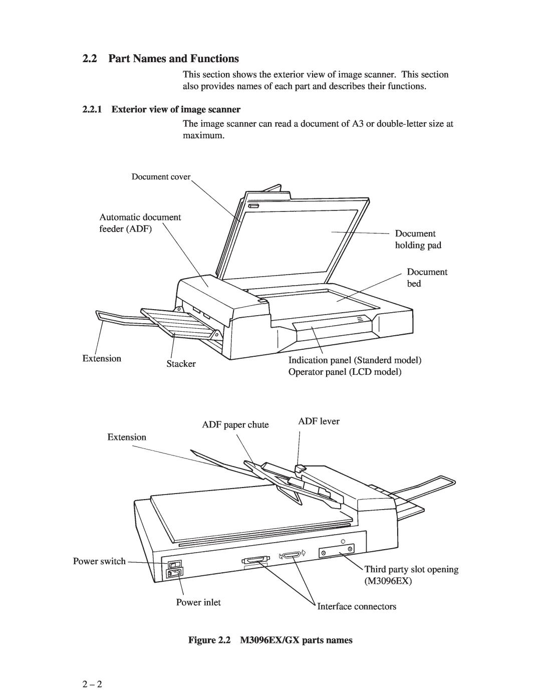 Fujitsu M3096GX manual Part Names and Functions, Exterior view of image scanner, 2 M3096EX/GX parts names 