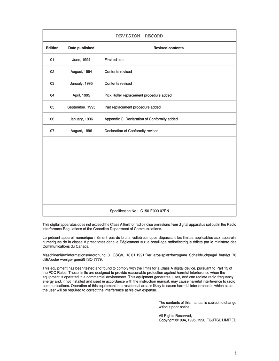 Fujitsu M3096EX, M3096GX manual Revision Record, Edition, Date published, Revised contents 