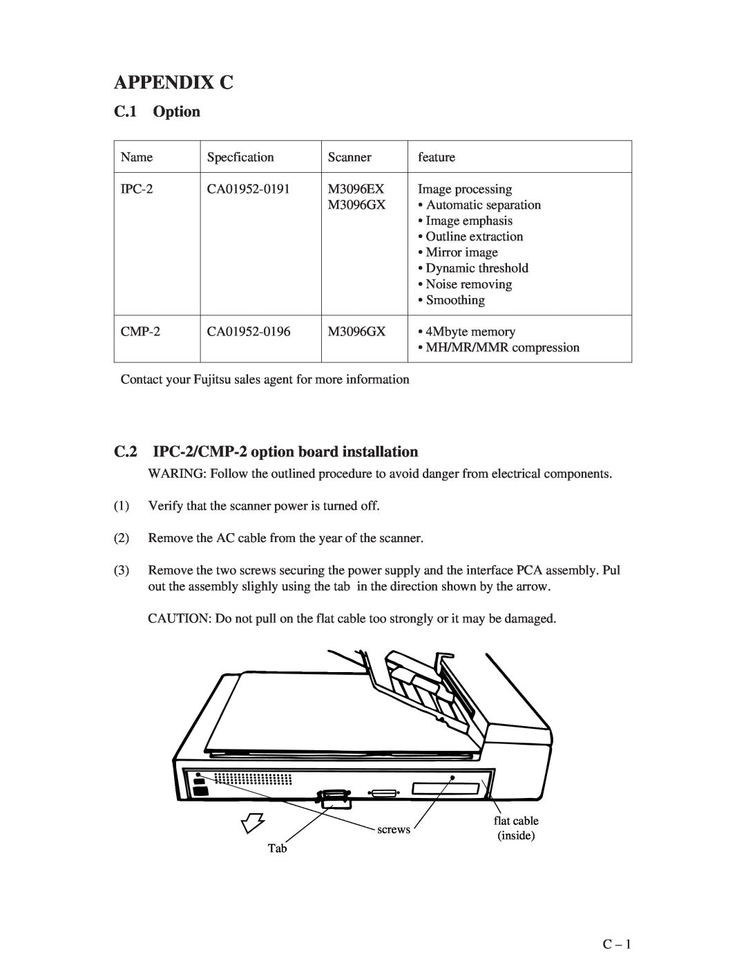 Fujitsu M3096EX, M3096GX manual Appendix C, C.1 Option, C.2 IPC-2/CMP-2 option board installation 