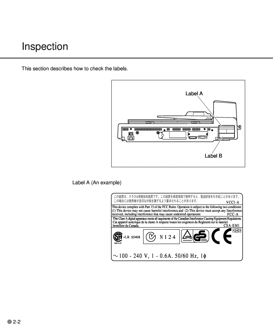 Fujitsu M3097DE, M3097DG manual Inspection, 100 - 240 V, 1 - 0 . 6A . 50/60 Hz, 1 φ, N 1 2, V C C I - A 