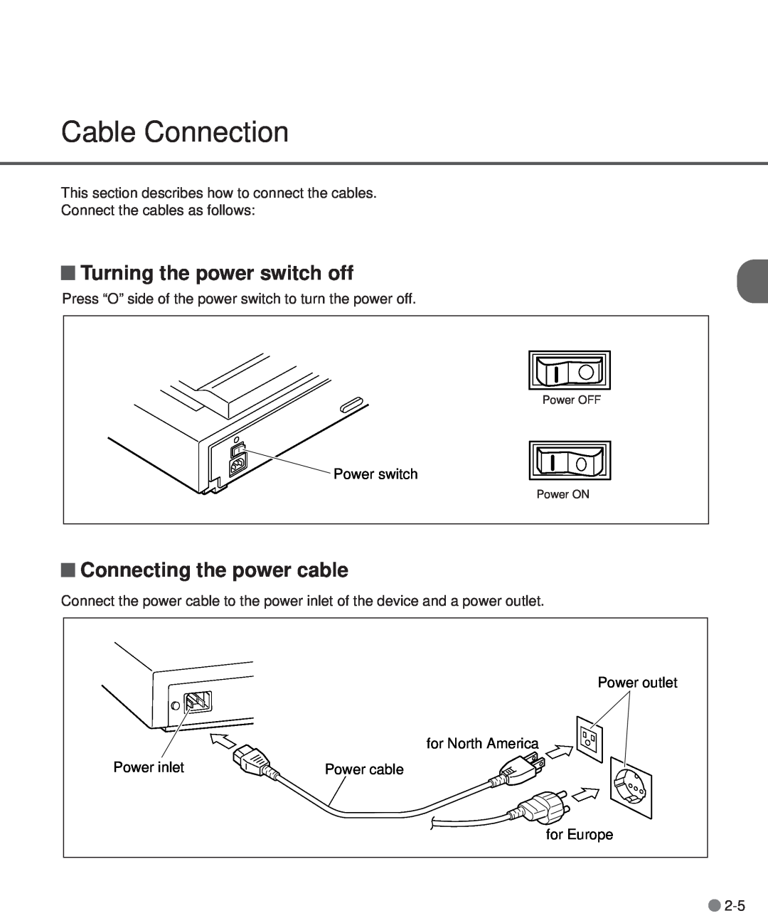 Fujitsu M3097DG, M3097DE manual Cable Connection, Turning the power switch off, Connecting the power cable 