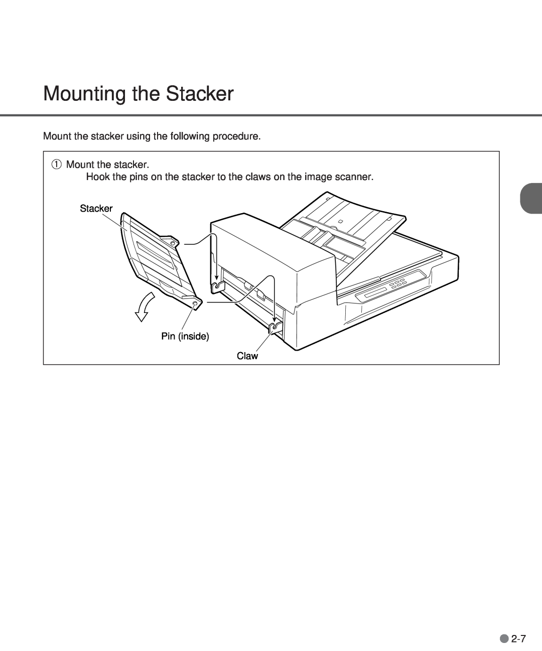 Fujitsu M3097DG, M3097DE manual Mounting the Stacker, Mount the stacker using the following procedure q Mount the stacker 