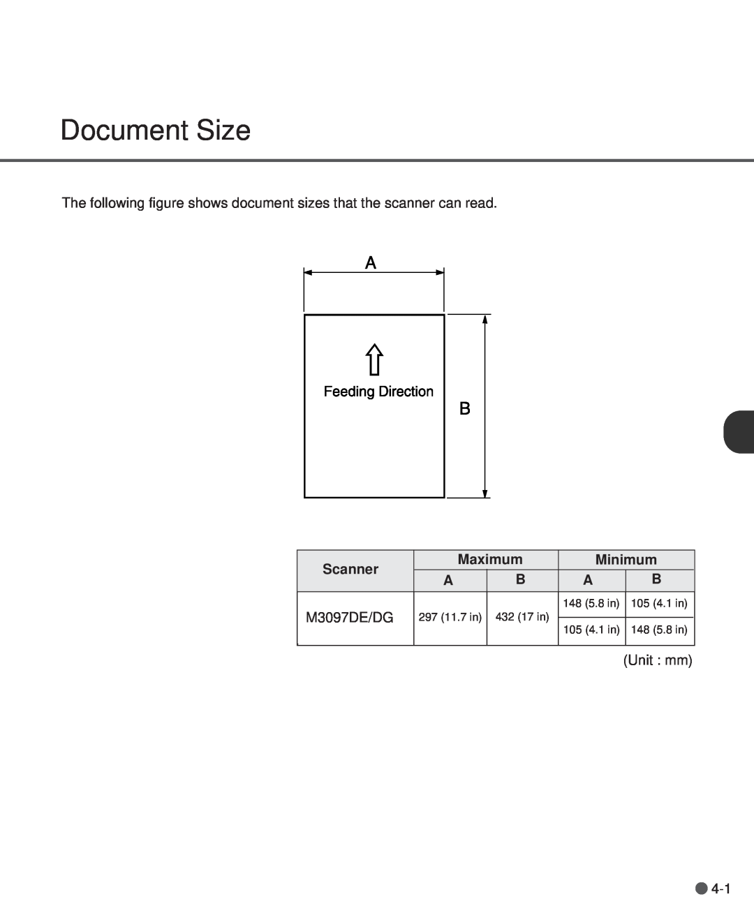 Fujitsu M3097DG, M3097DE manual Document Size, 148 5.8 in, 105 4.1 in, 297 11.7 in, 432 17 in 