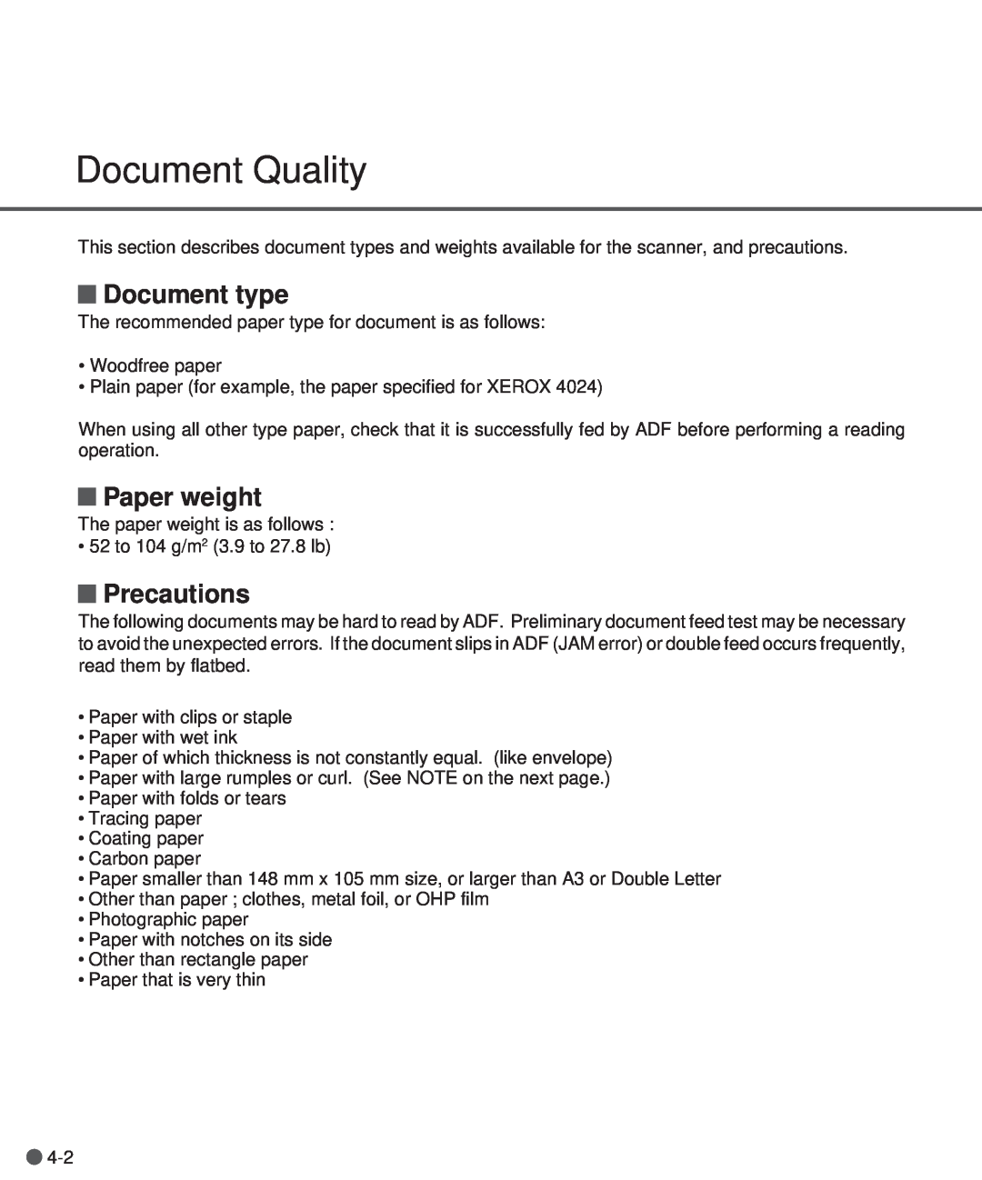 Fujitsu M3097DE, M3097DG manual Document Quality, Document type, Paper weight, Precautions 