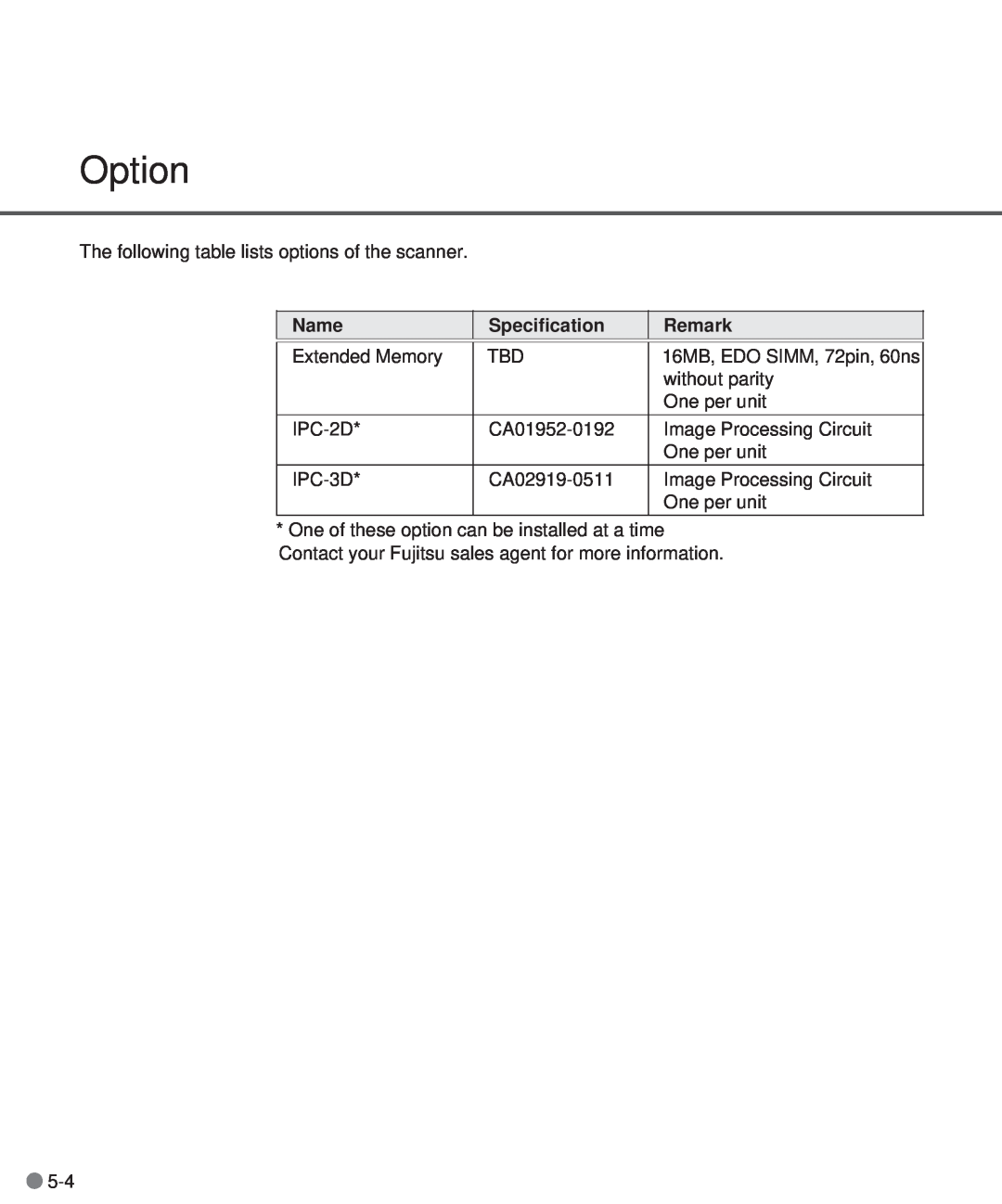 Fujitsu M3097DG, M3097DE manual Option, Name, Specification, Remark 