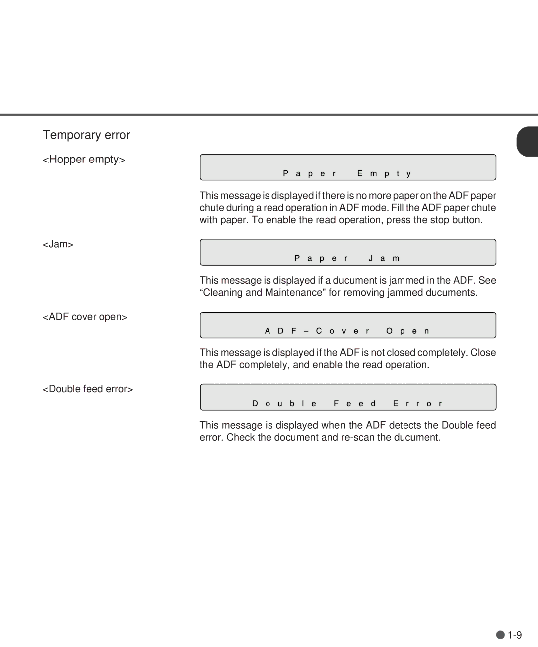 Fujitsu M3097DE, M3097DG manual Temporary error 