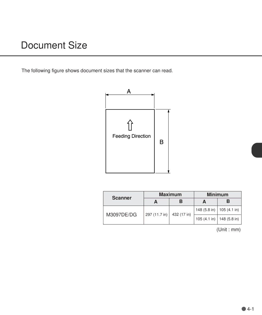 Fujitsu M3097DG manual Document Size, Scanner Maximum Minimum M3097DE/DG 