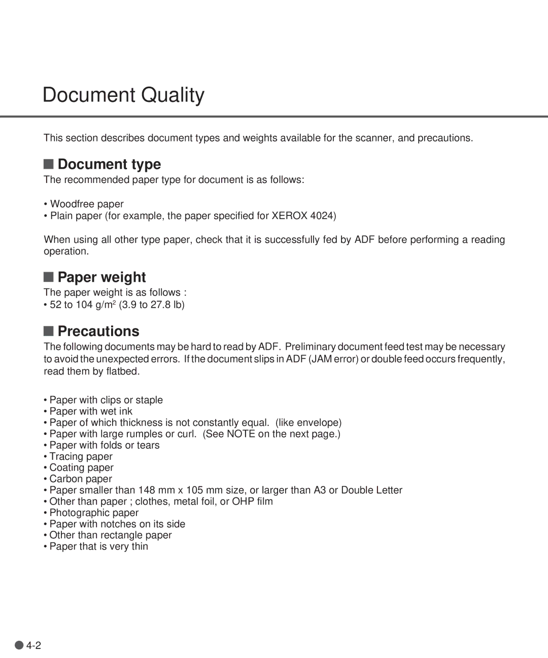 Fujitsu M3097DE, M3097DG manual Document Quality, Document type, Paper weight, Precautions 